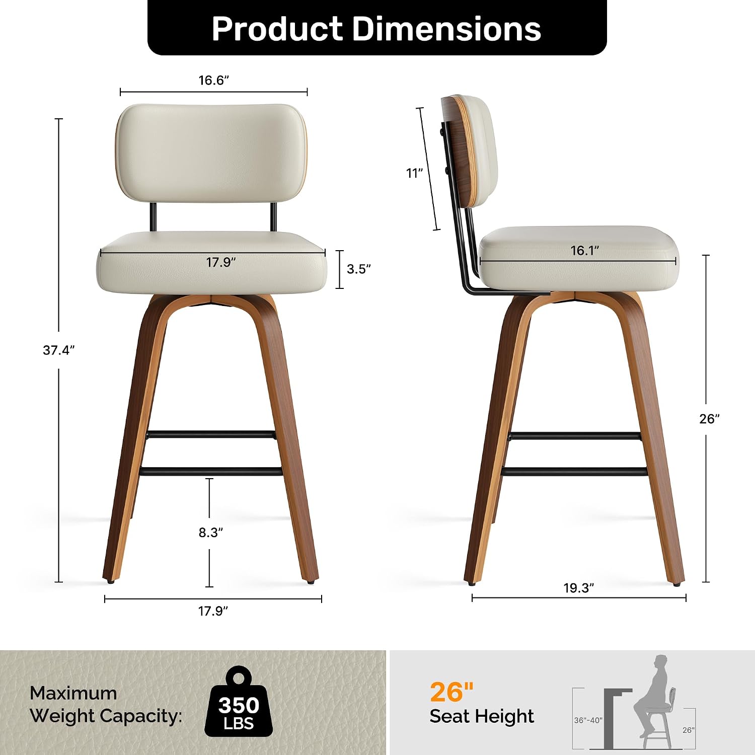 Beige Grey 26" Faux Leather Counter Bar Stools Set of 4