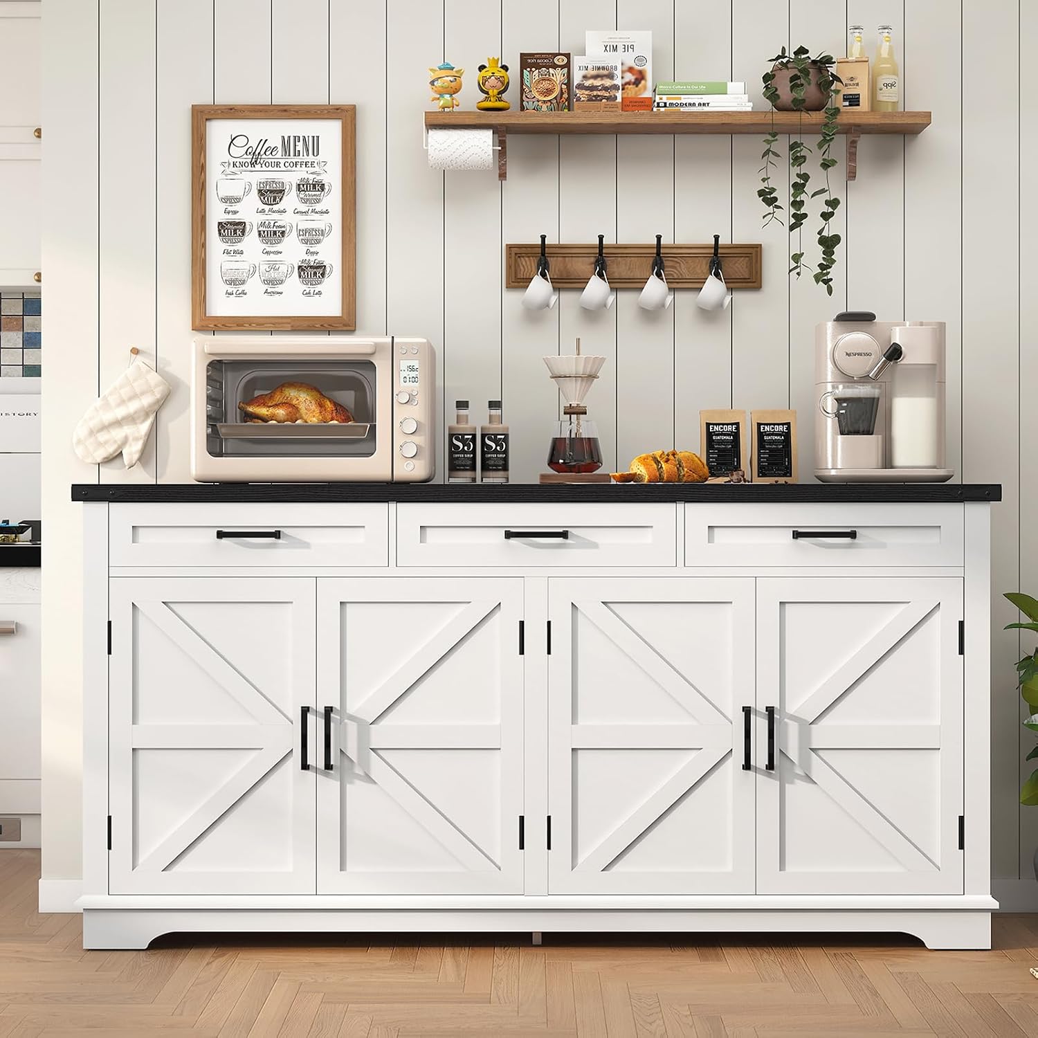 White Farmhouse Storage Sideboard Buffet Cabinet