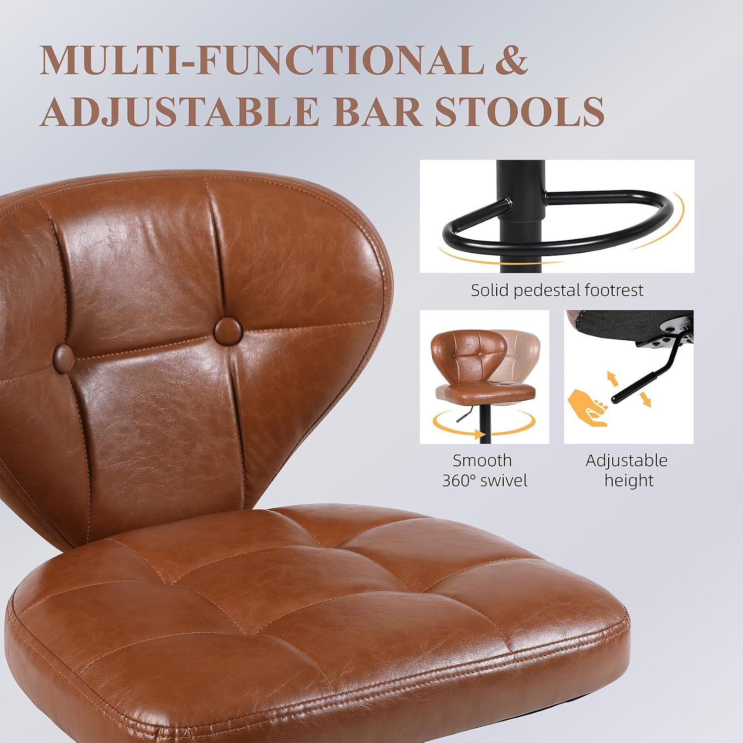 Brown Adjustable High Back Swivel Bar Stools Set of 2