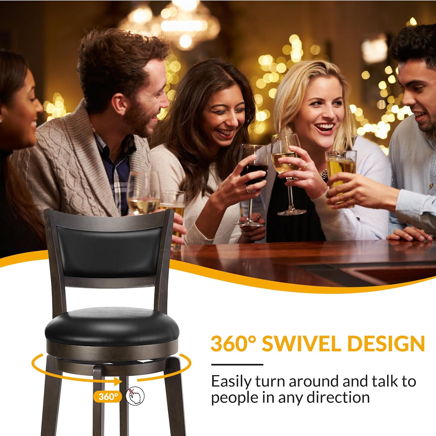 Black 24" High Back Wood Leg Swivel Counter Stools Set of 2