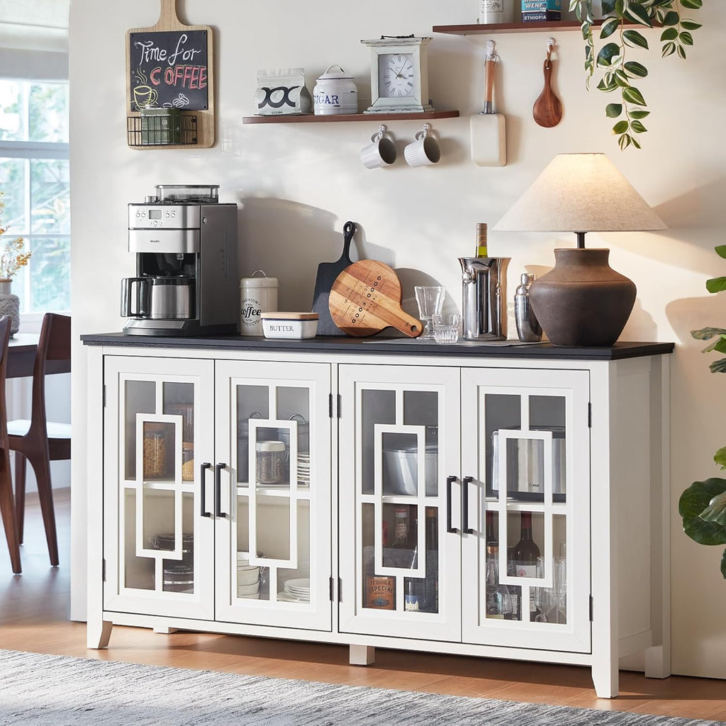 White 63in Glass Door Farmhouse Sideboard Cabinet