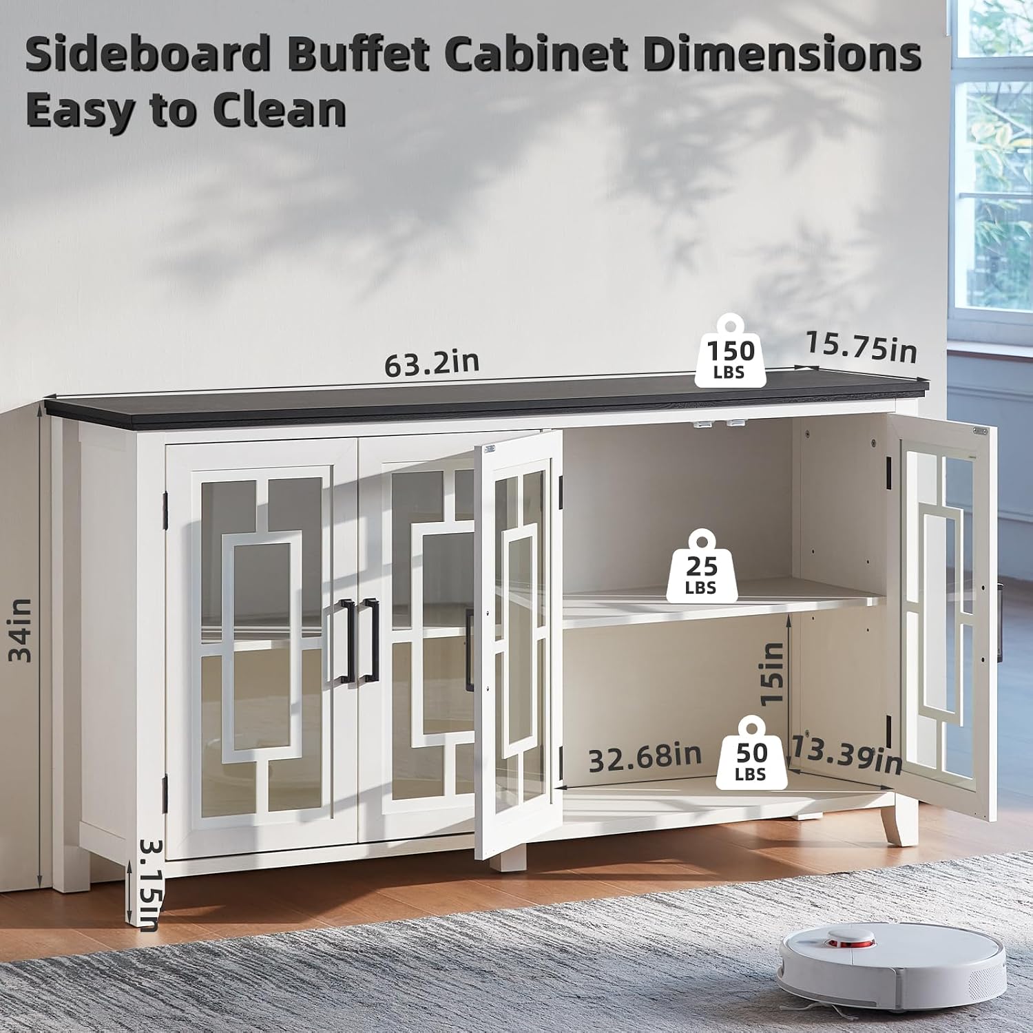 White 63in Glass Door Farmhouse Sideboard Cabinet