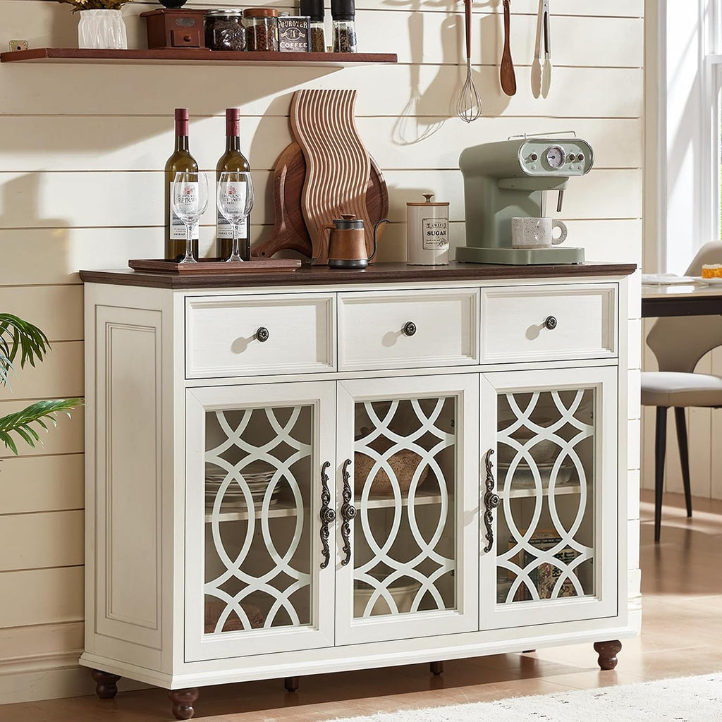 White 48in Glass Door Farmhouse Sideboard Cabinet