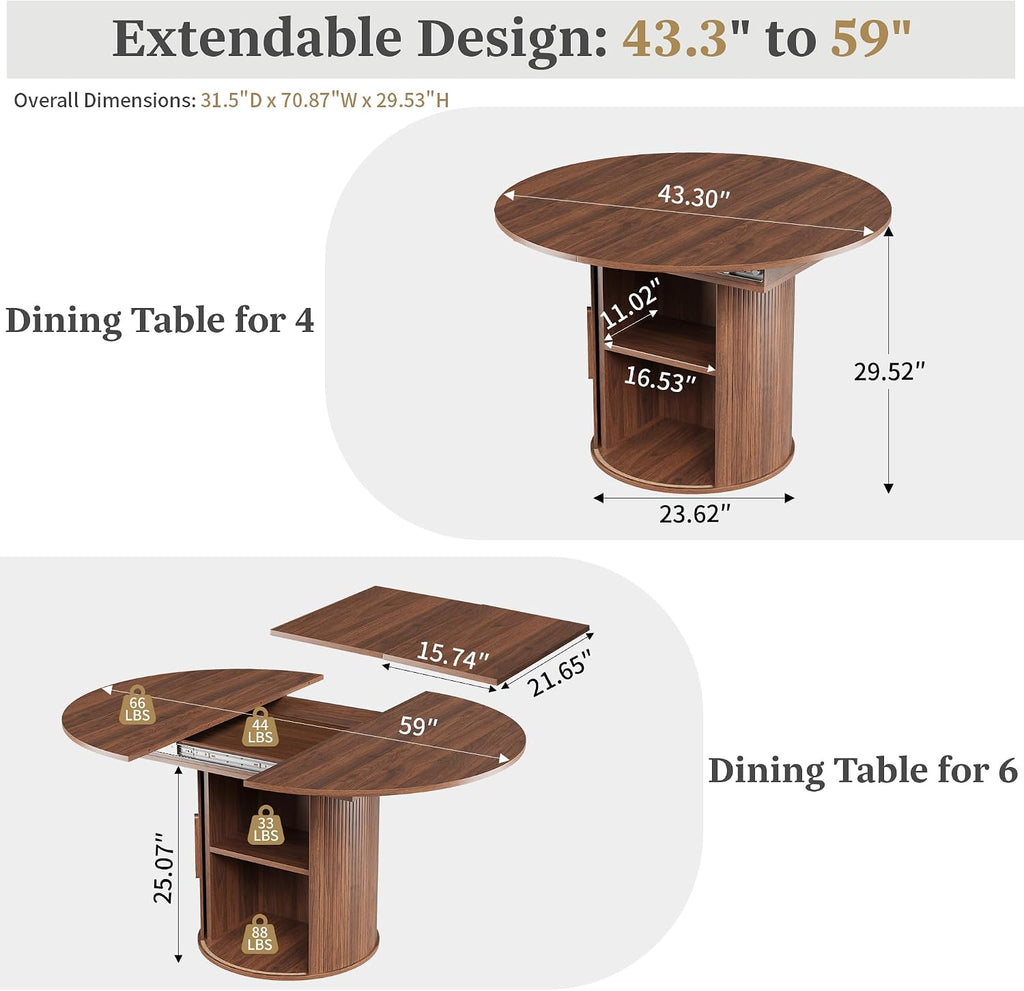 Walnut Storage Extendable Dining Table