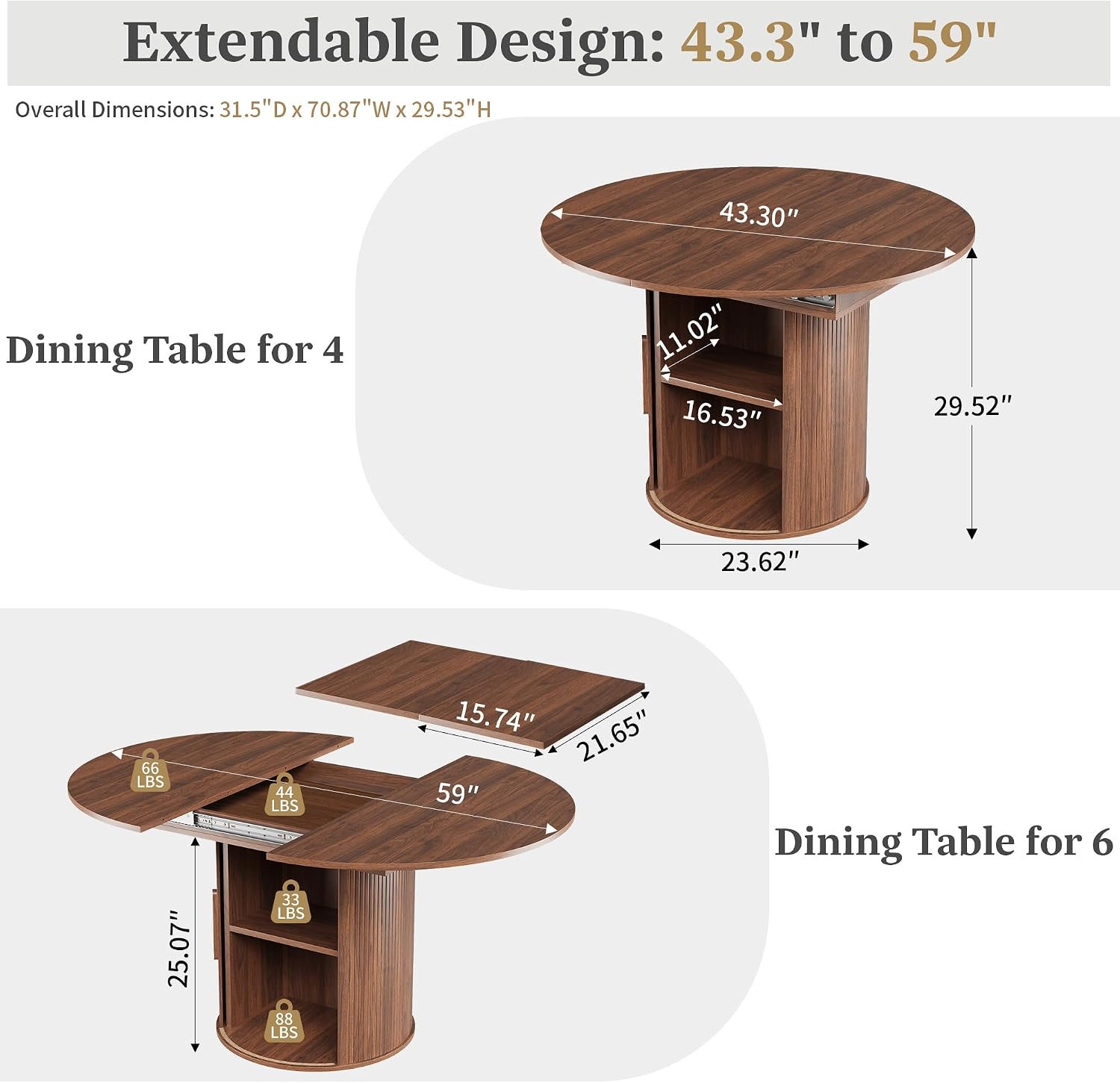 Walnut Storage Extendable Dining Table