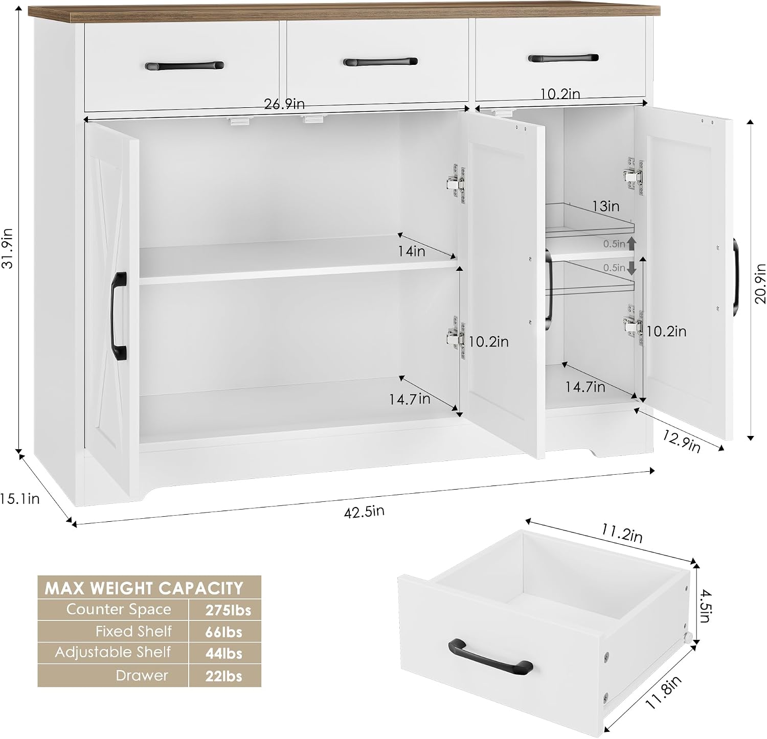 White Barn Door Farmhouse Storage Sideboard Cabinet