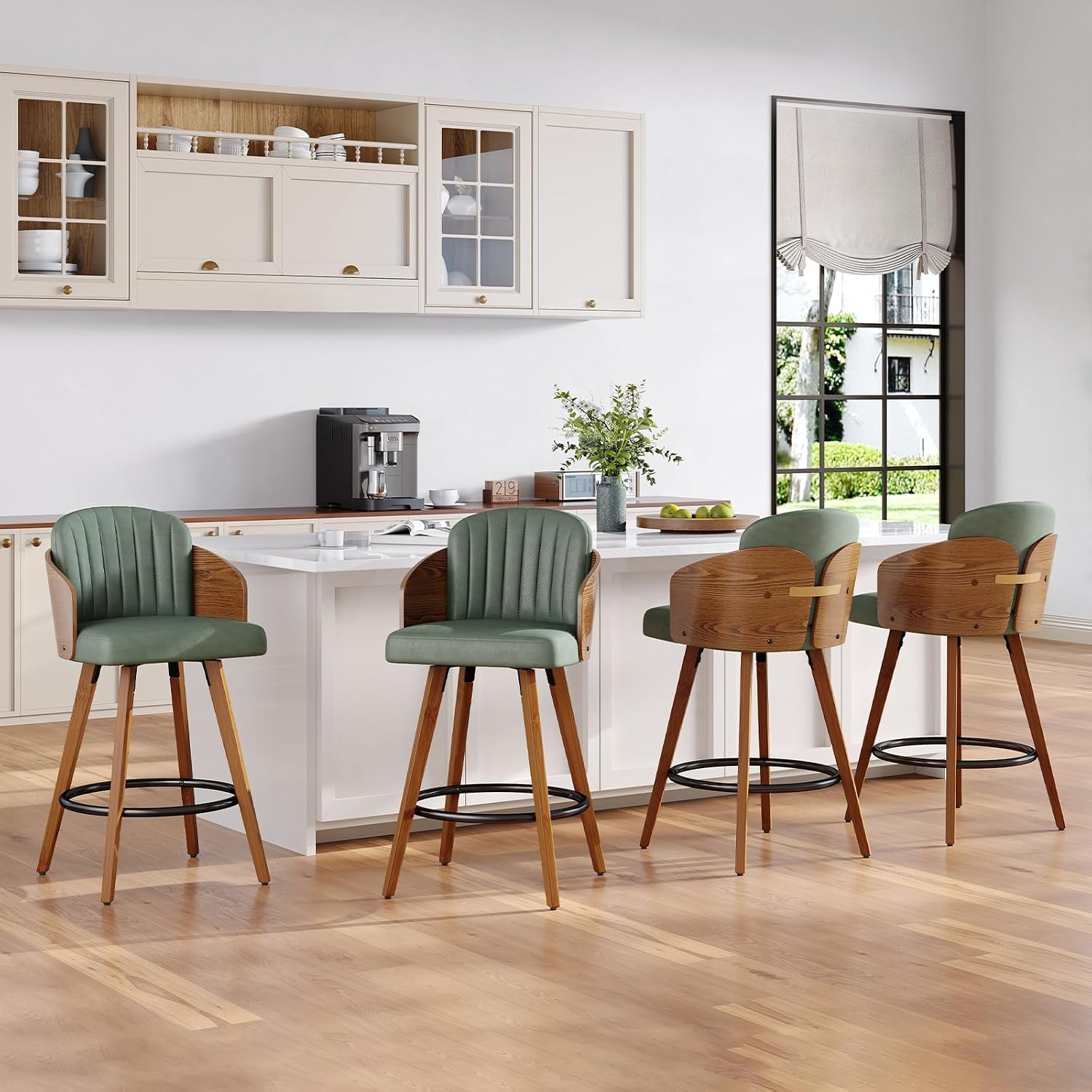 Green 26" Arm Walnut Counter Bar Stools Set of 2