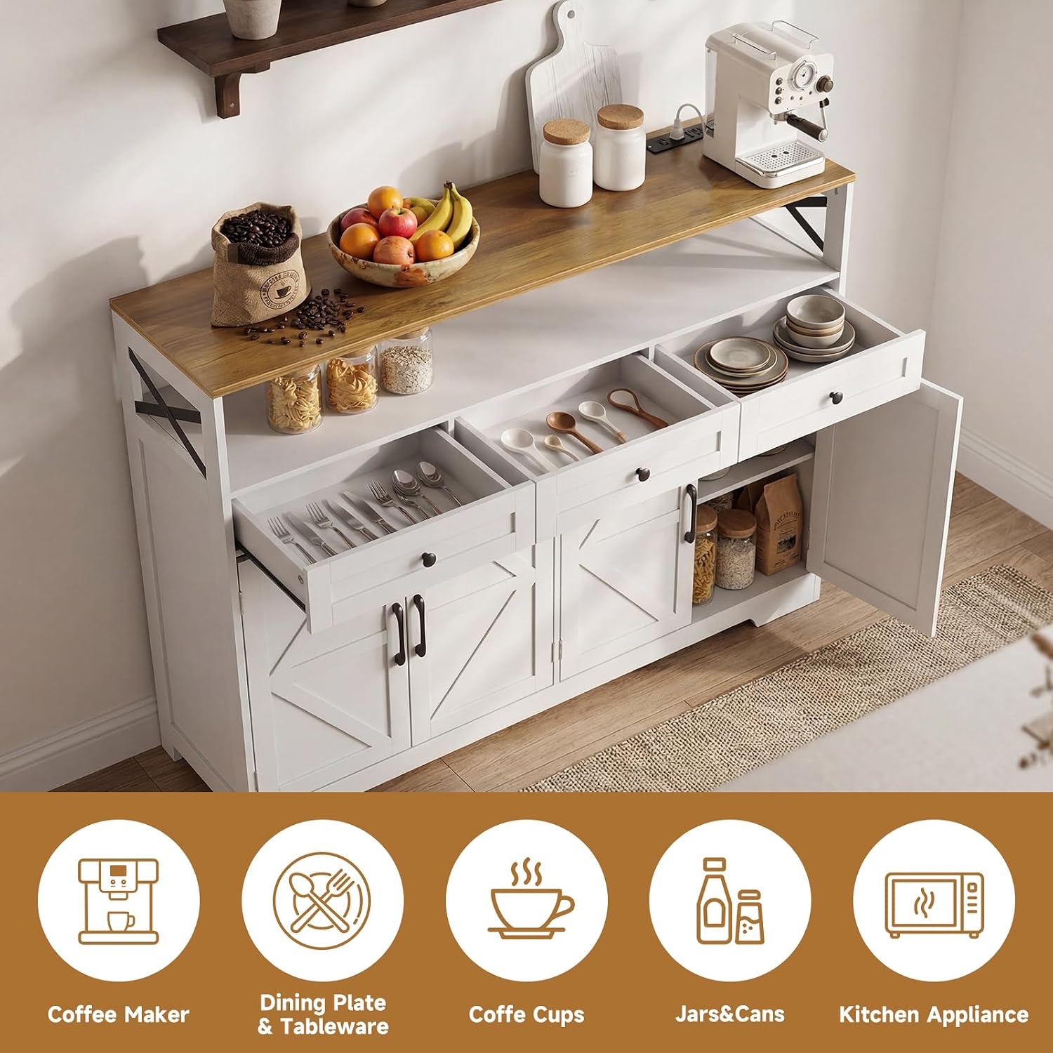 White 55in Farmhouse Sideboard with Charging Station