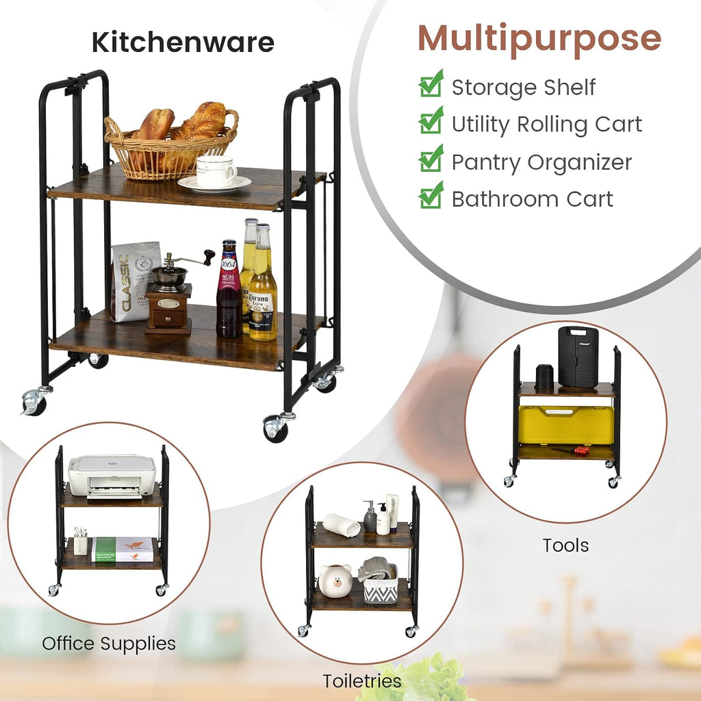 Foldable Rolling 2-Tier Kitchen Storage Cart