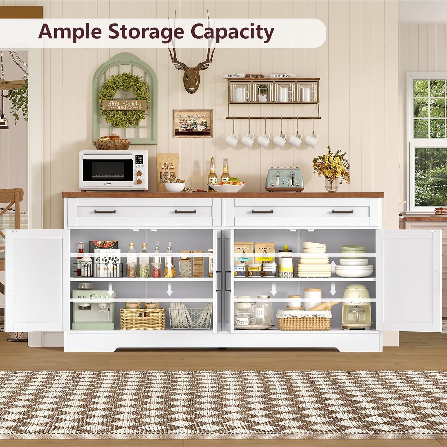 White Farmhouse 63in Storage Sideboard Cabinet