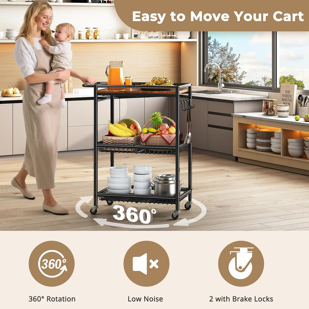 Vintage 3-Tier Rolling Kitchen Storage Cart