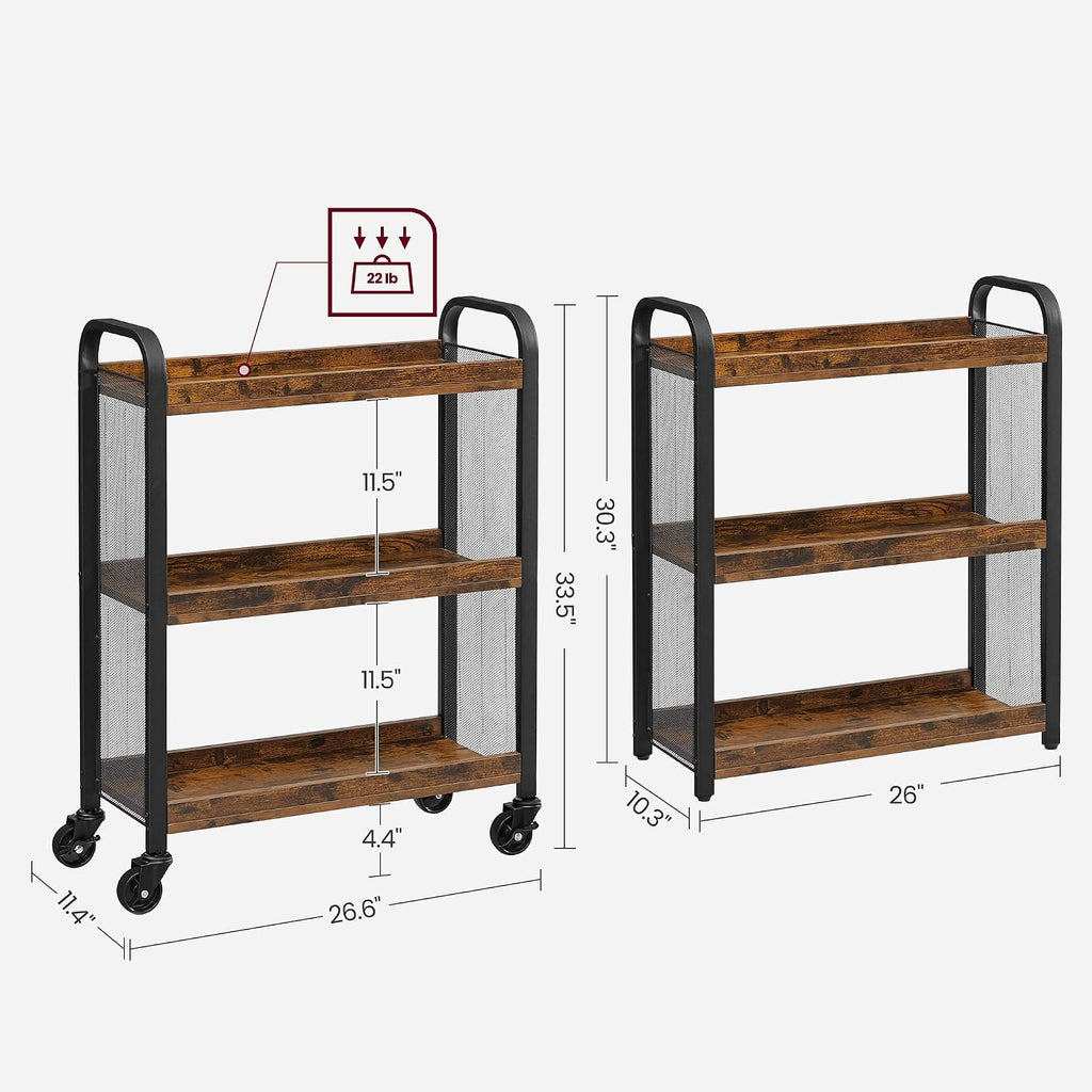 Rustic Brown Black Slim 3-Tier Rolling Cart