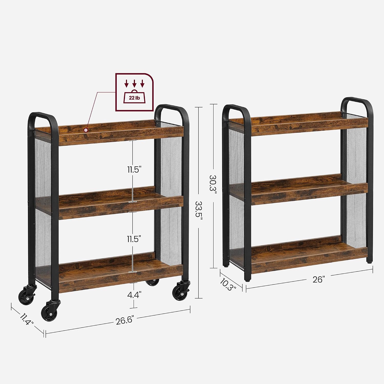 Rustic Brown Black Slim 3-Tier Rolling Cart