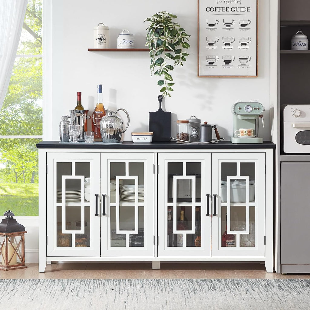 White 63in Glass Door Farmhouse Sideboard Cabinet