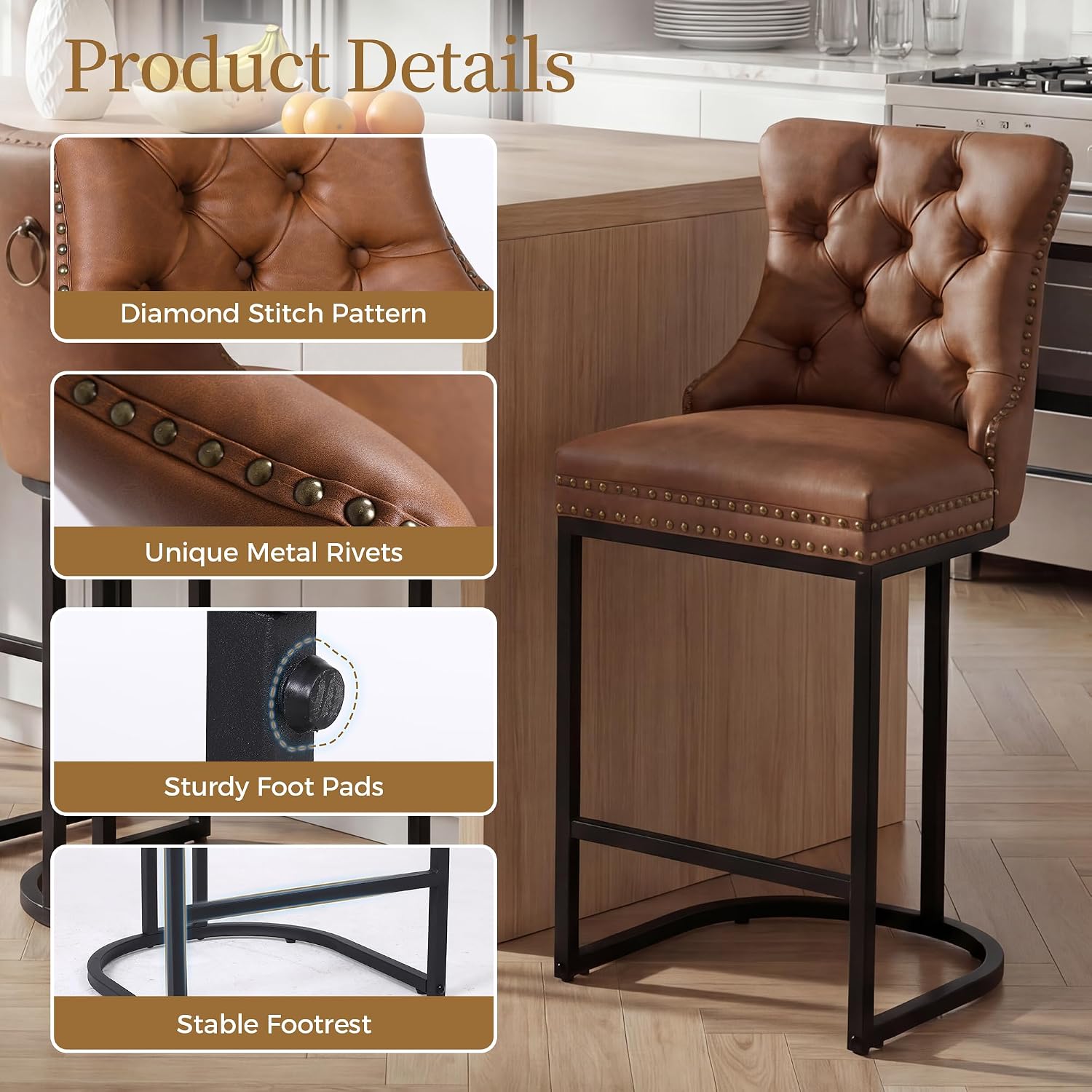 Brown 26" Faux Leather Counter Bar Stools Set of 4