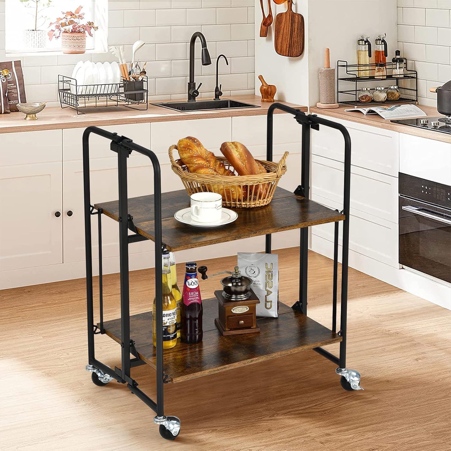 Foldable Rolling 2-Tier Kitchen Storage Cart