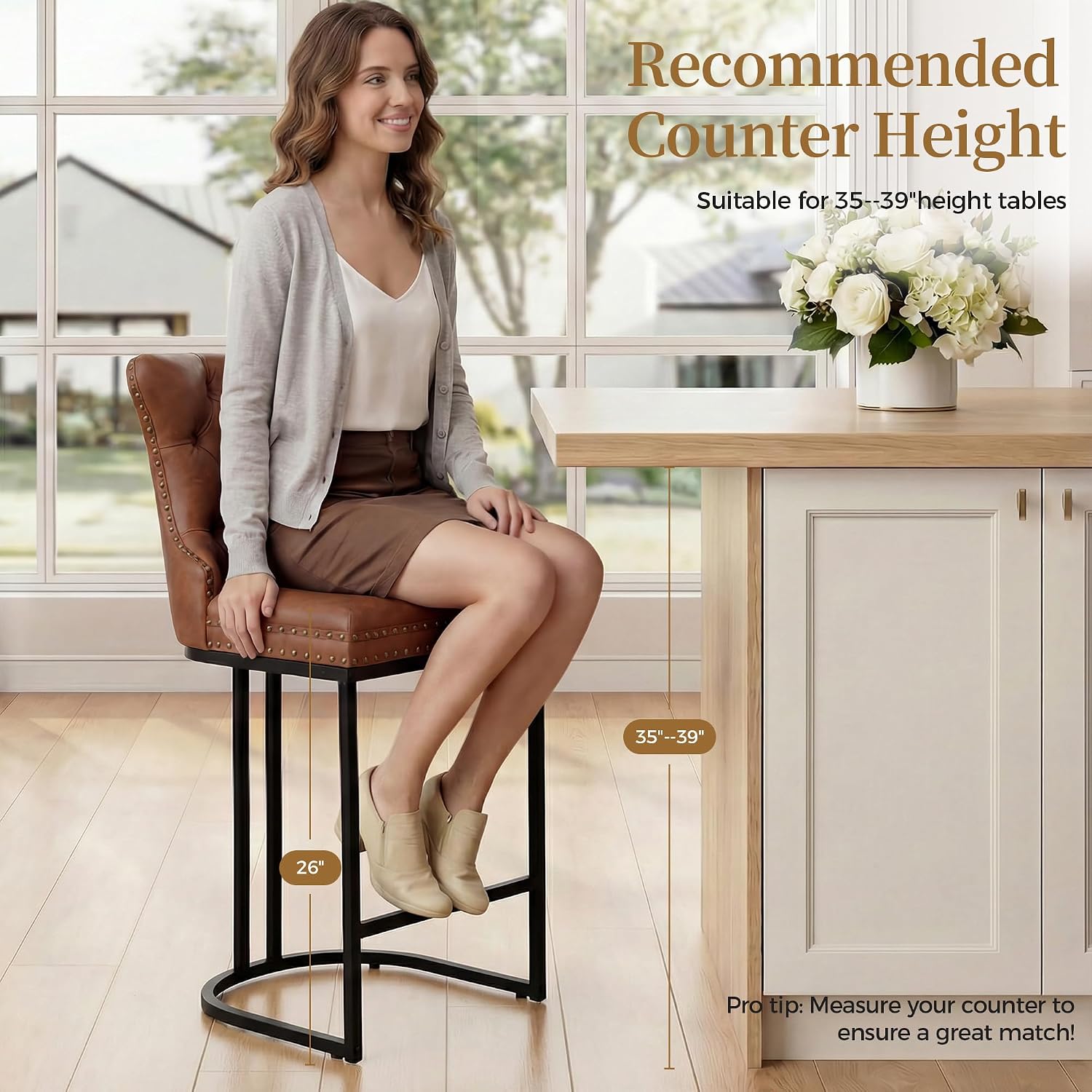 Brown 26" Faux Leather Counter Bar Stools Set of 4
