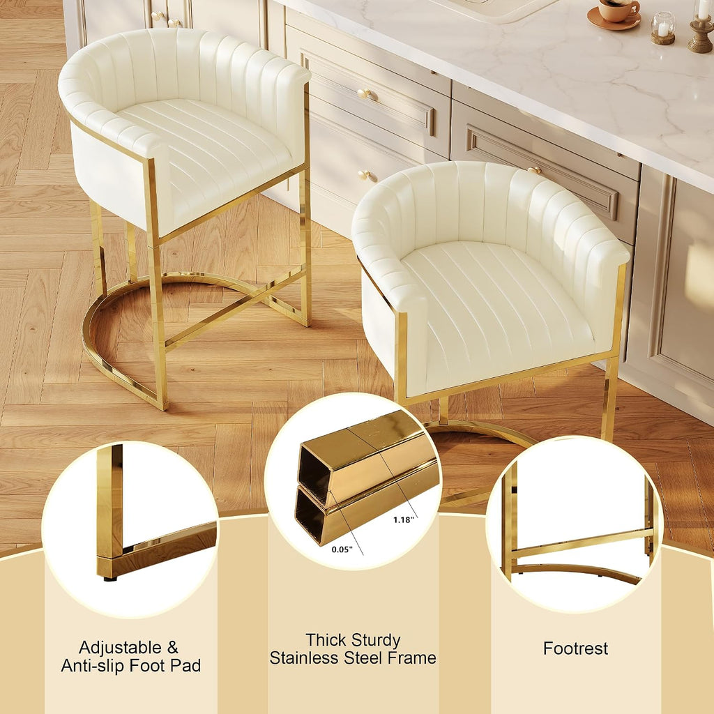 Ivory White 26" Arm Barrel Counter Stools Set of 3 Gold Frame
