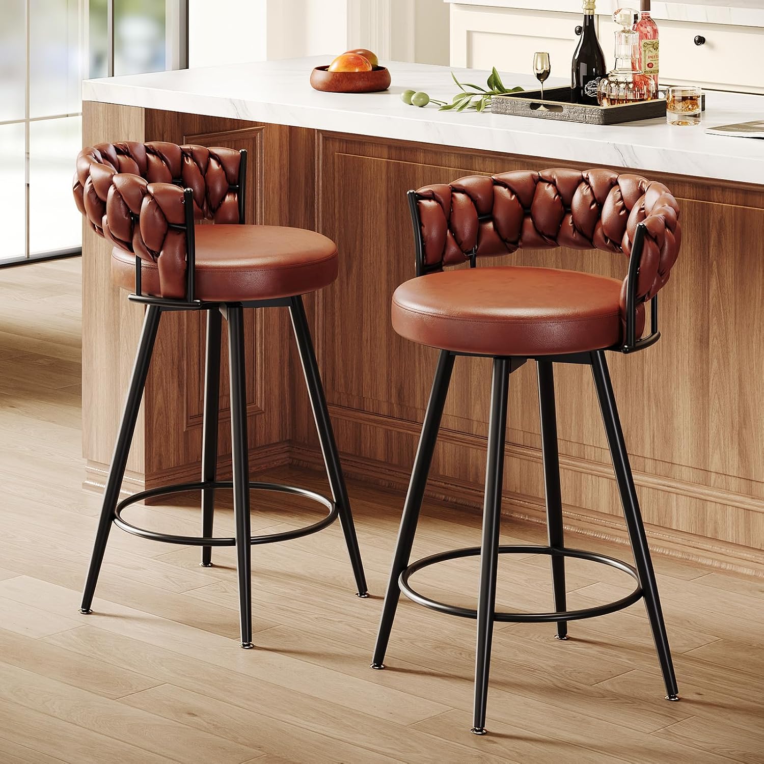 Brown 26" Swivel Faux Leather Counter Bar Stools Set of 2
