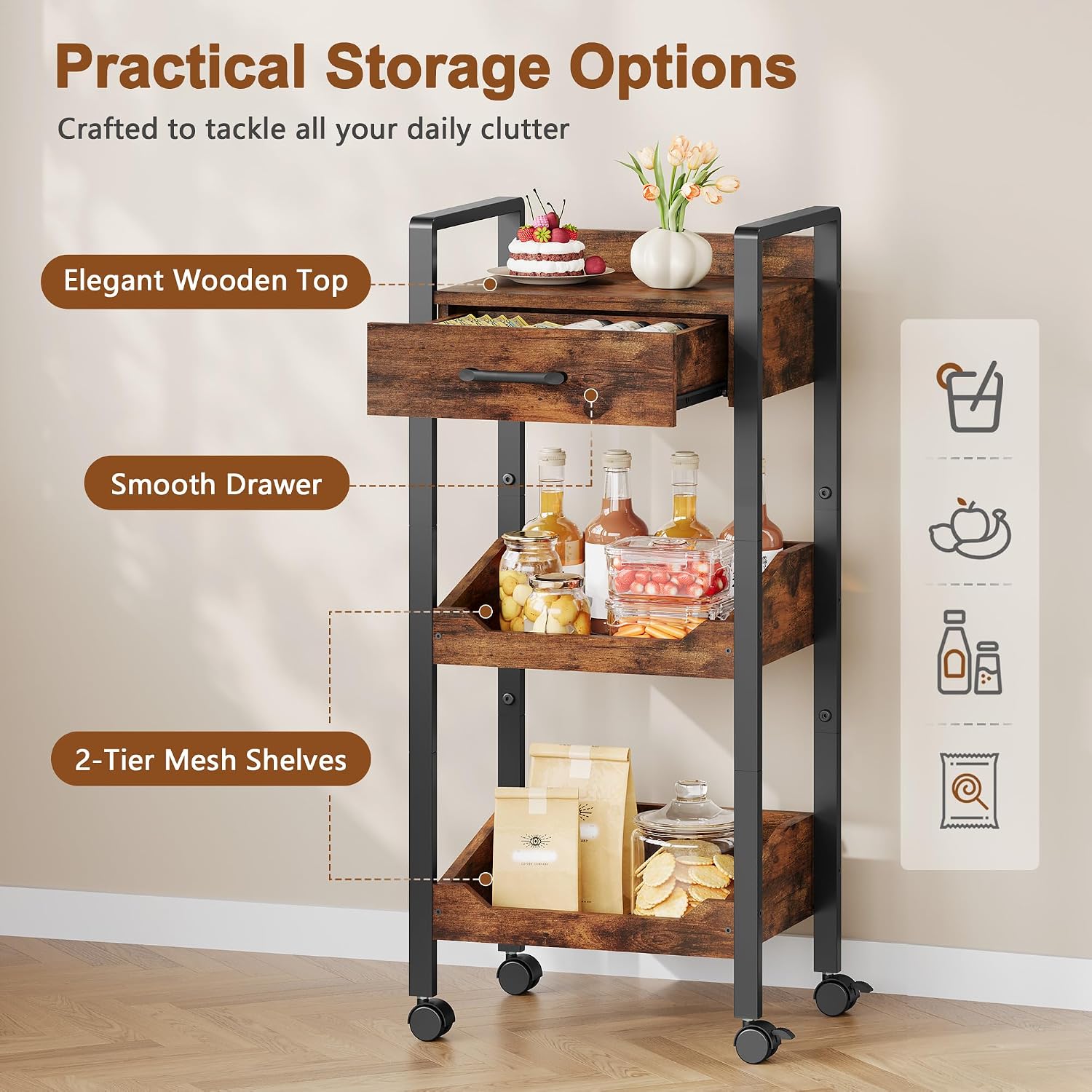 Rustic Brown 3-Tier Rolling Storage Cart