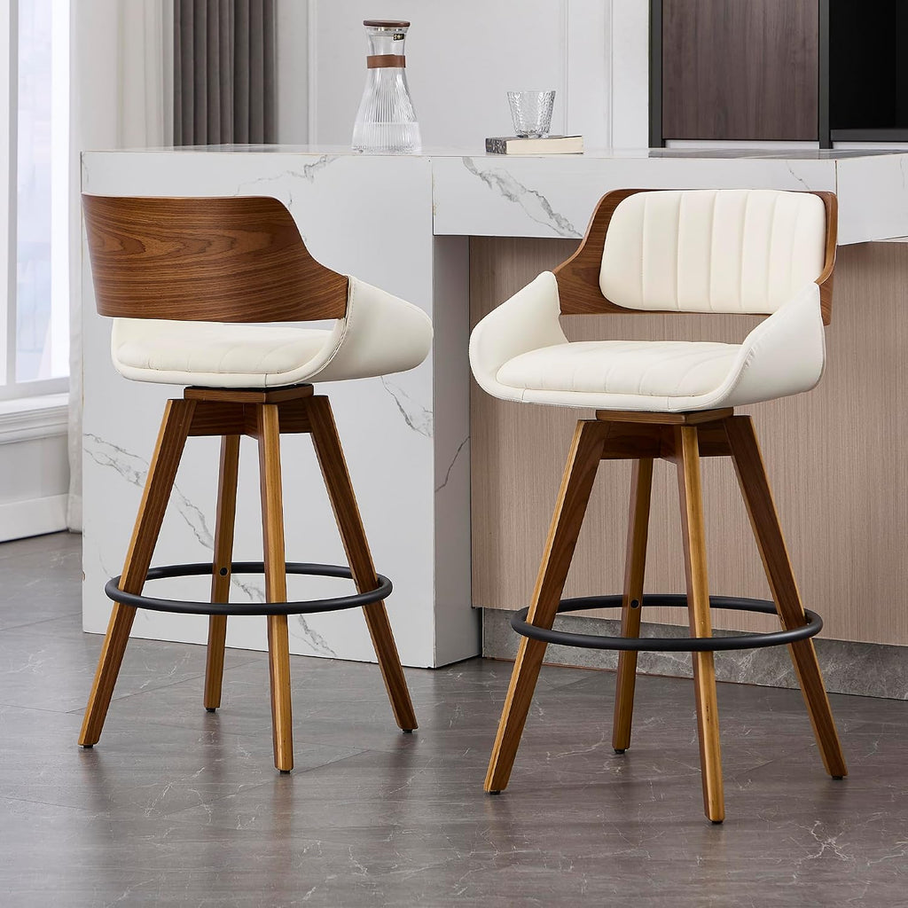 Beige 26" Armrest Walnut Swivel Counter Stools Set of 2