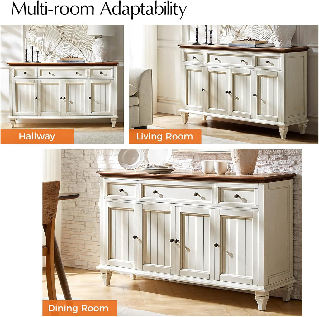 White Tufted 58in Farmhouse Storage Sideboard