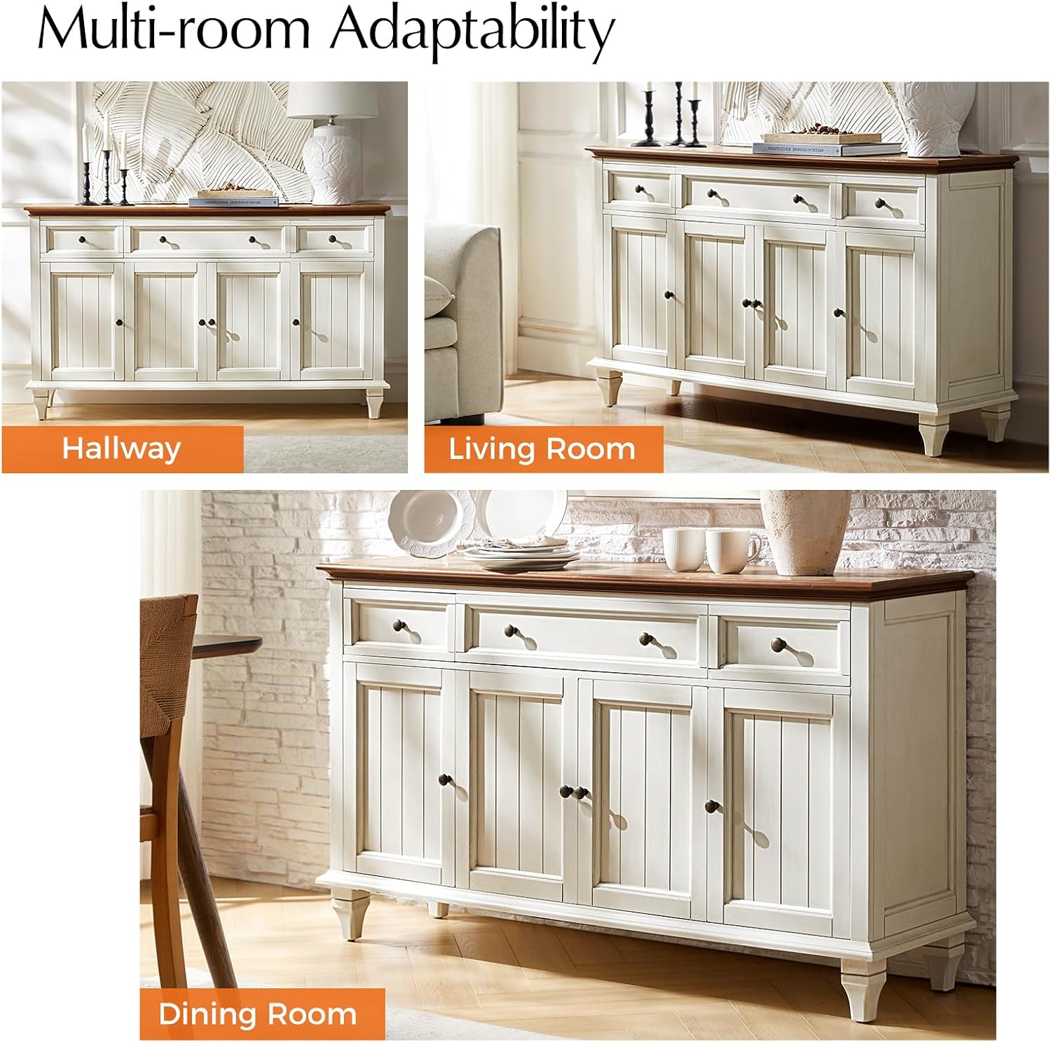White Tufted 58in Farmhouse Storage Sideboard