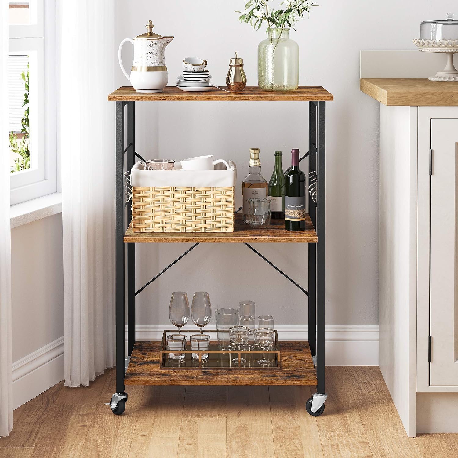 Rustic Brown Black 3-Tier Rolling Kitchen Cart