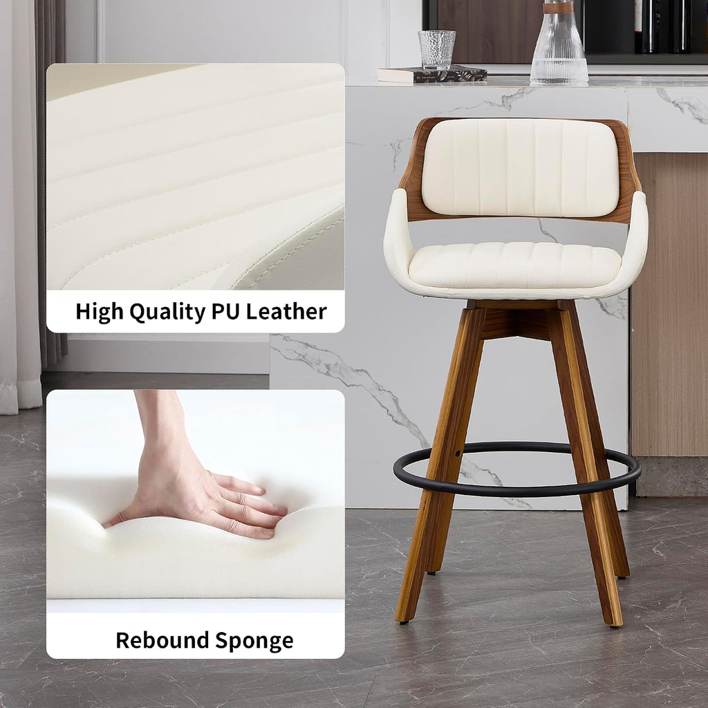 Beige 26" Armrest Walnut Swivel Counter Stools Set of 2