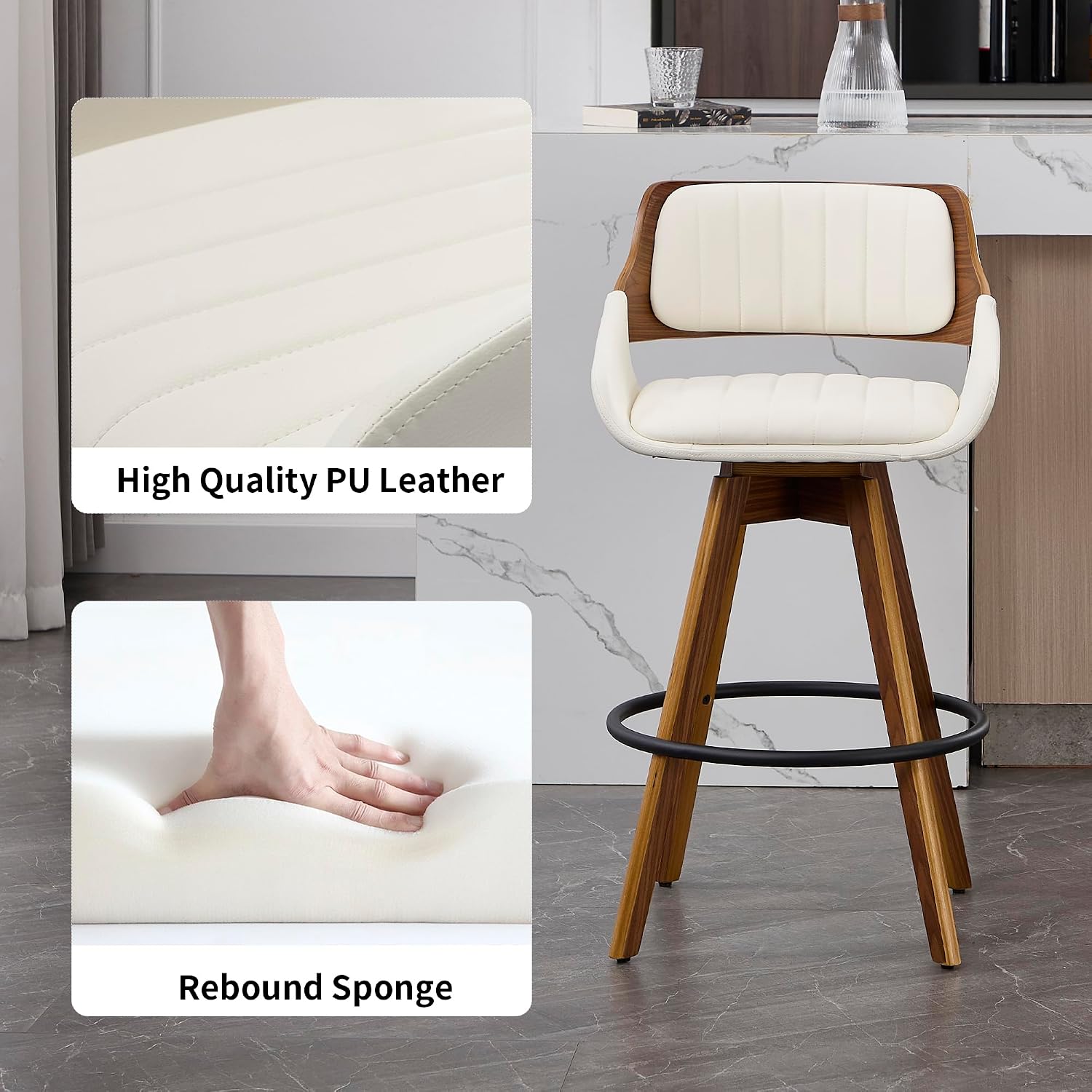 Beige 26" Armrest Walnut Swivel Counter Stools Set of 2