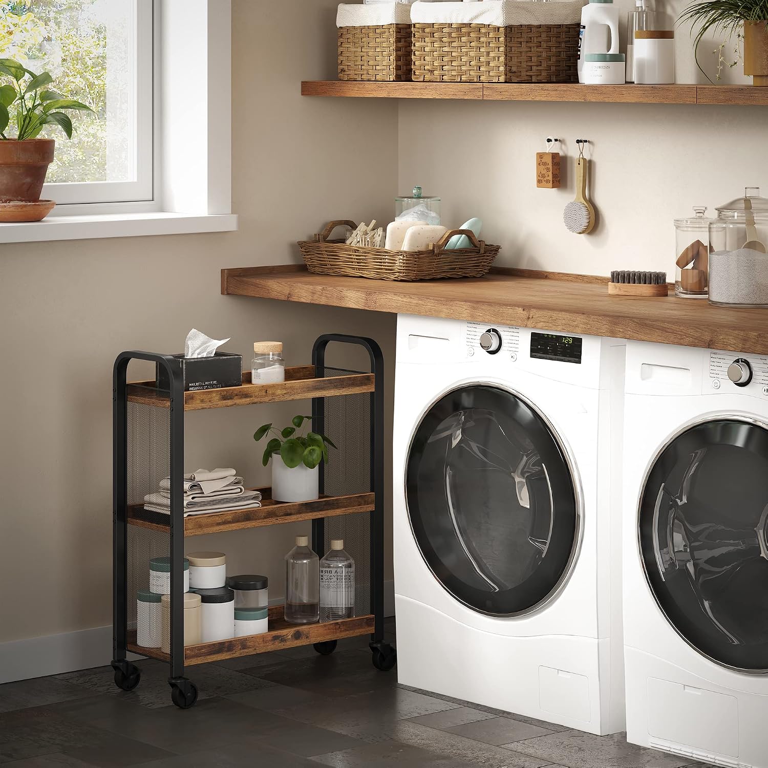 Rustic Brown Black Slim 3-Tier Rolling Cart