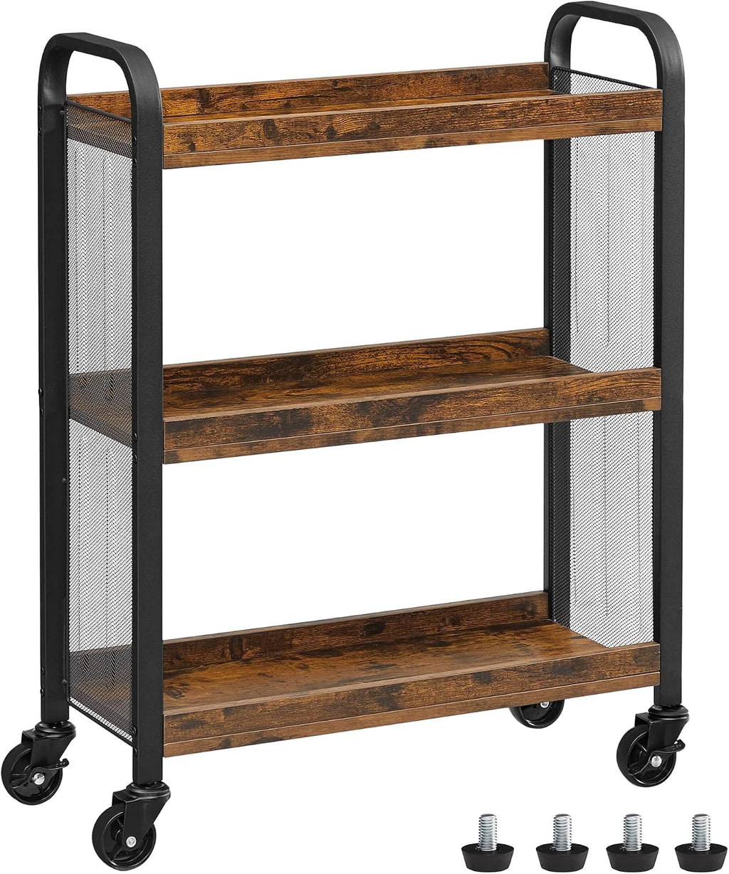 Rustic Brown Black Slim 3-Tier Rolling Cart