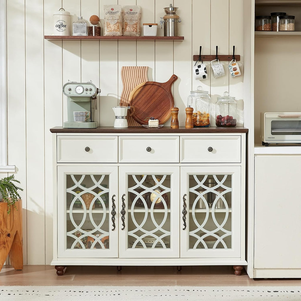 White 48in Glass Door Farmhouse Sideboard Cabinet