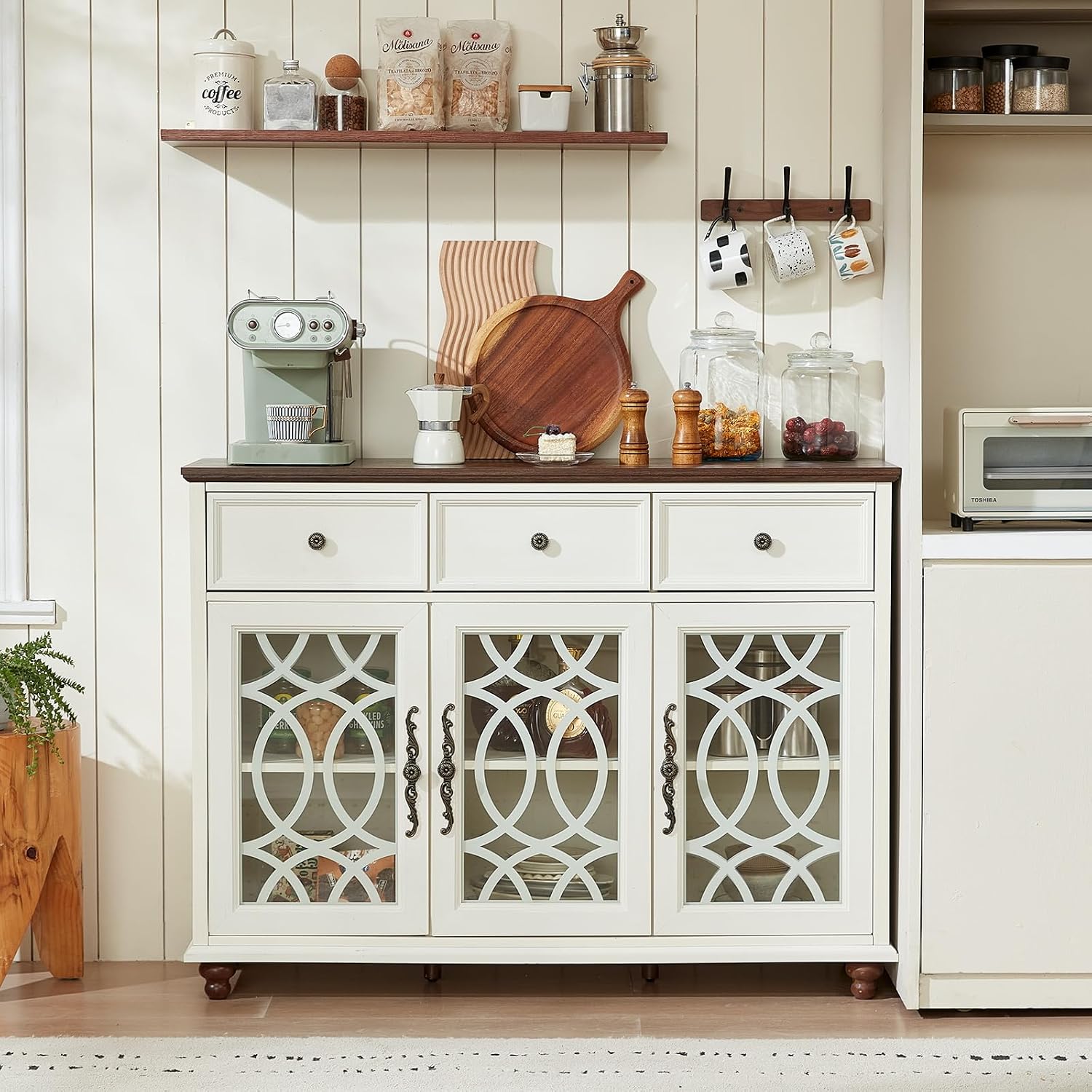 White 48in Glass Door Farmhouse Sideboard Cabinet