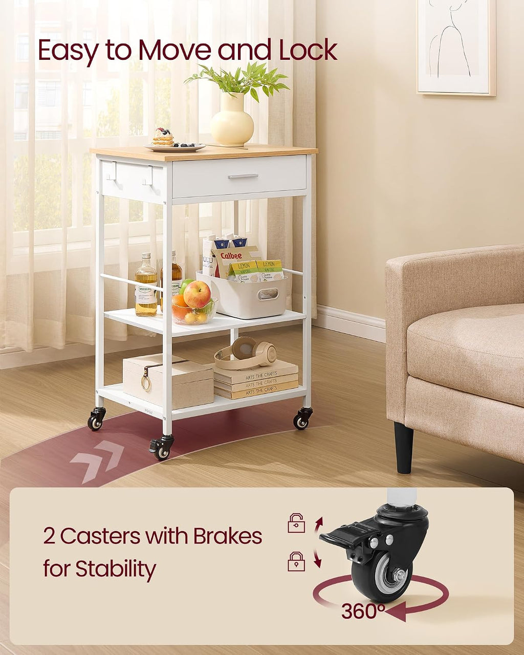 Oak White Rolling Storage Kitchen Island Cart