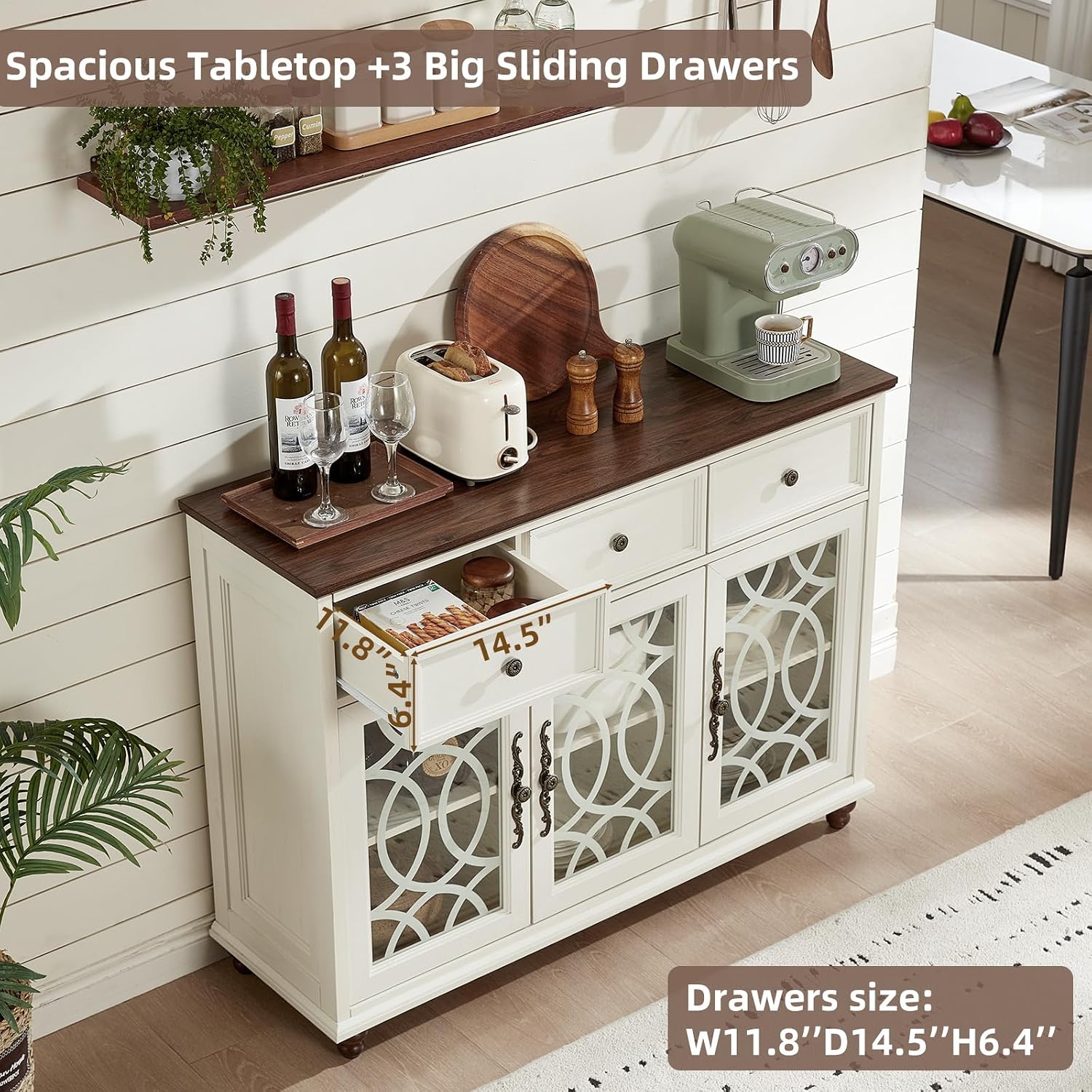 White 48in Glass Door Farmhouse Sideboard Cabinet