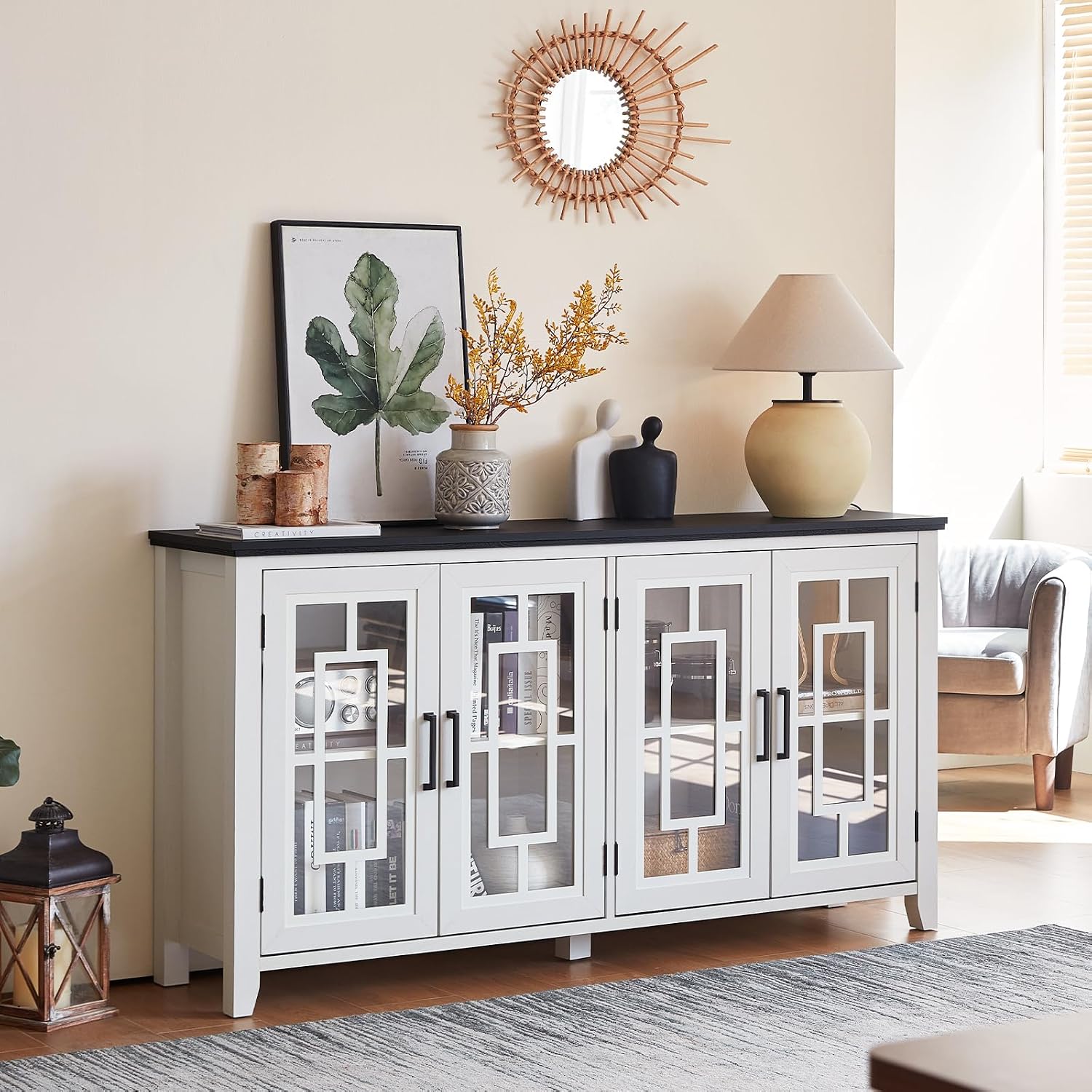 White 63in Glass Door Farmhouse Sideboard Cabinet