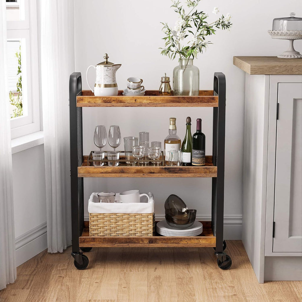 Rustic Brown Black Slim 3-Tier Rolling Cart