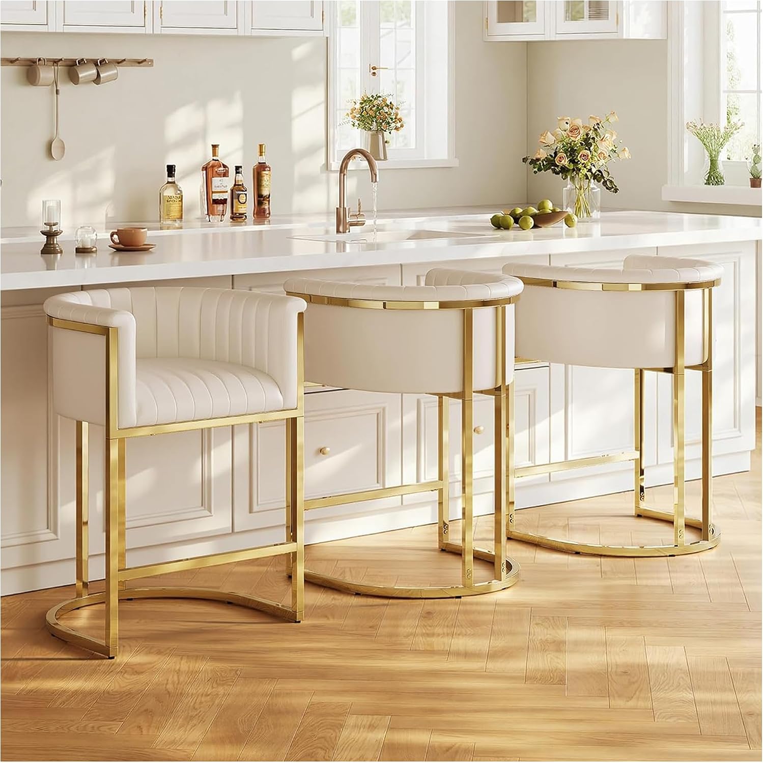 Ivory White 26" Arm Barrel Counter Stools Set of 3 Gold Frame