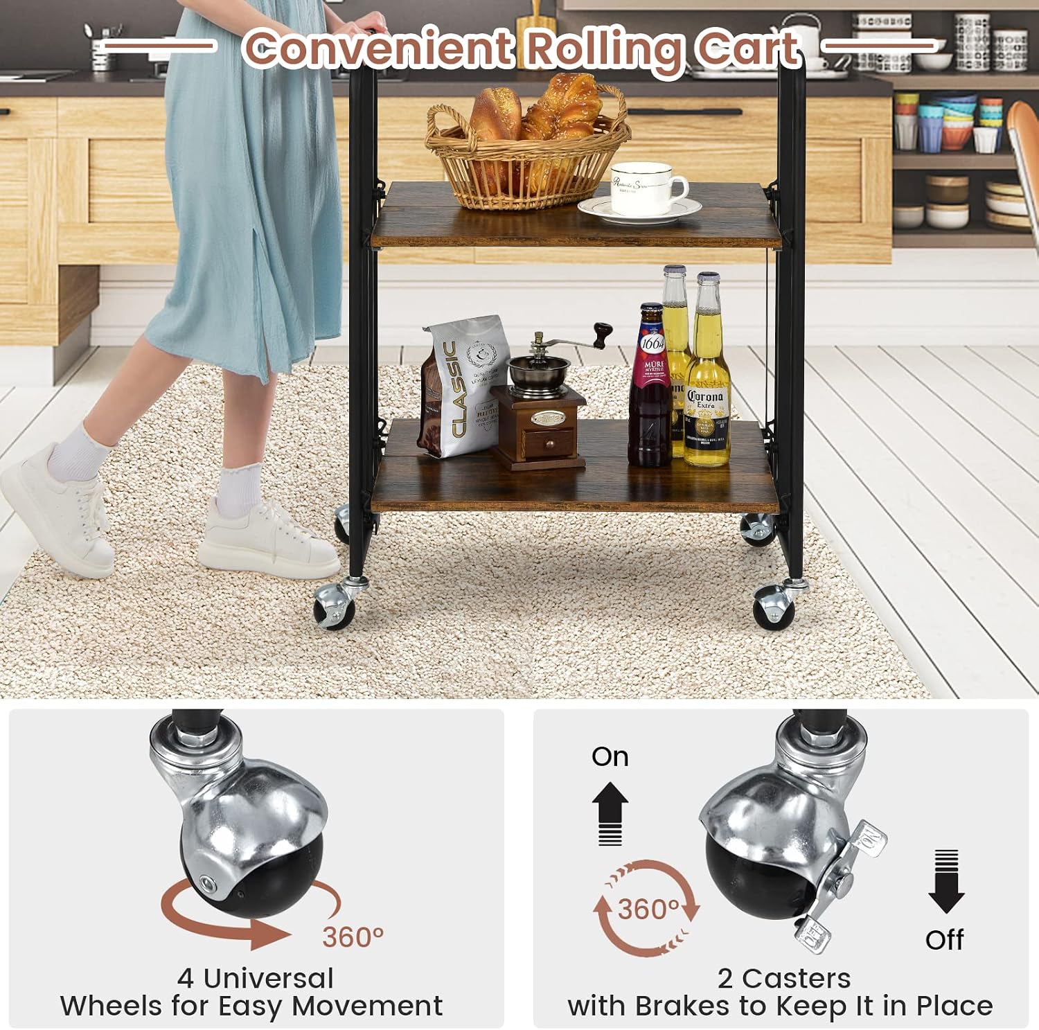 Foldable Rolling 2-Tier Kitchen Storage Cart