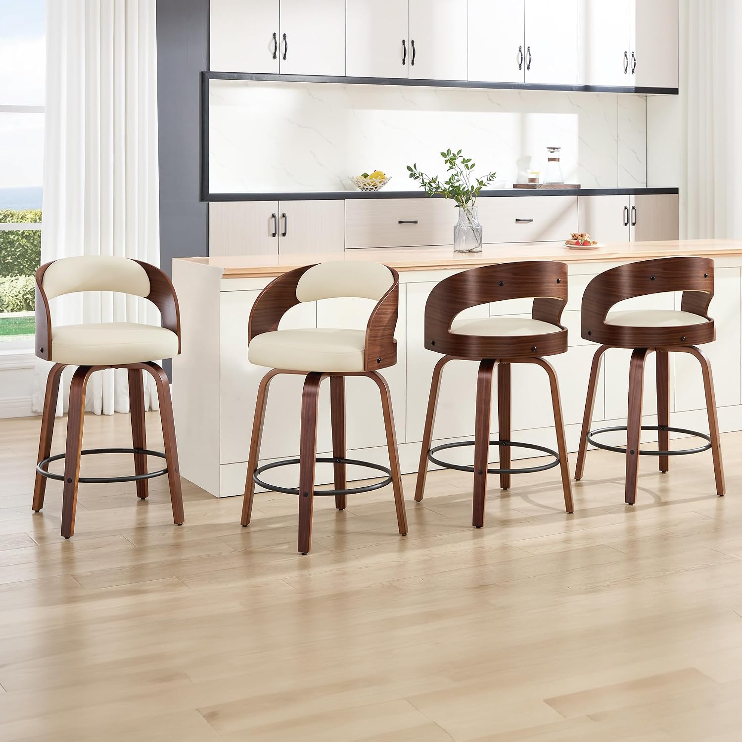Beige 26" Bentwood Swivel Counter Bar Stools Set of 4