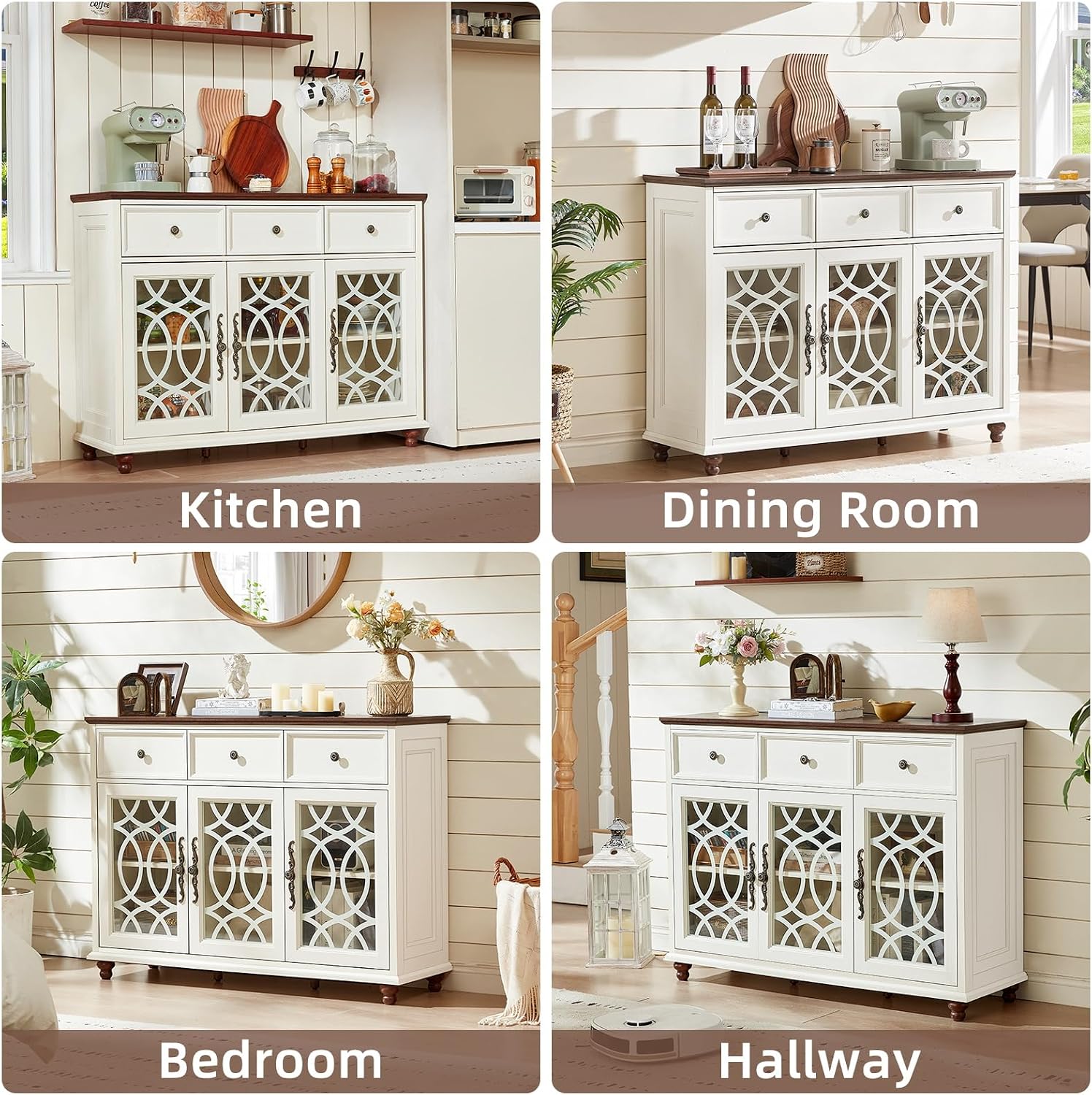White 48in Glass Door Farmhouse Sideboard Cabinet
