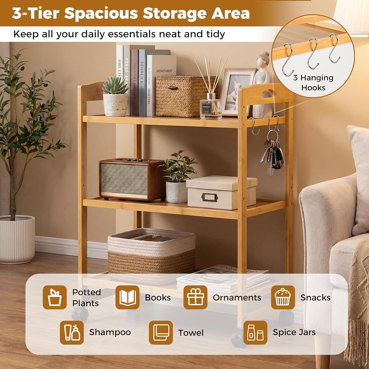 Bamboo 3-Tier Rolling Storage Cart