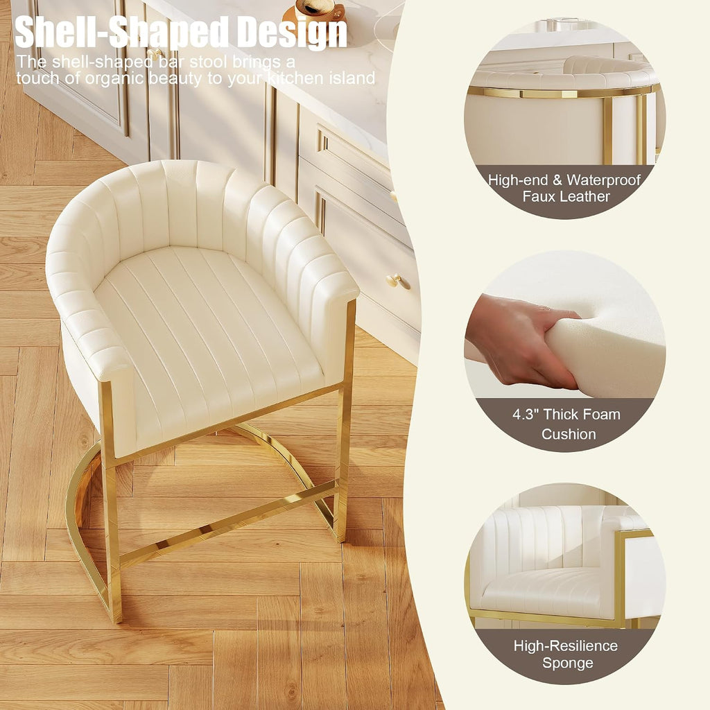 Ivory White 26" Arm Barrel Counter Stools Set of 3 Gold Frame