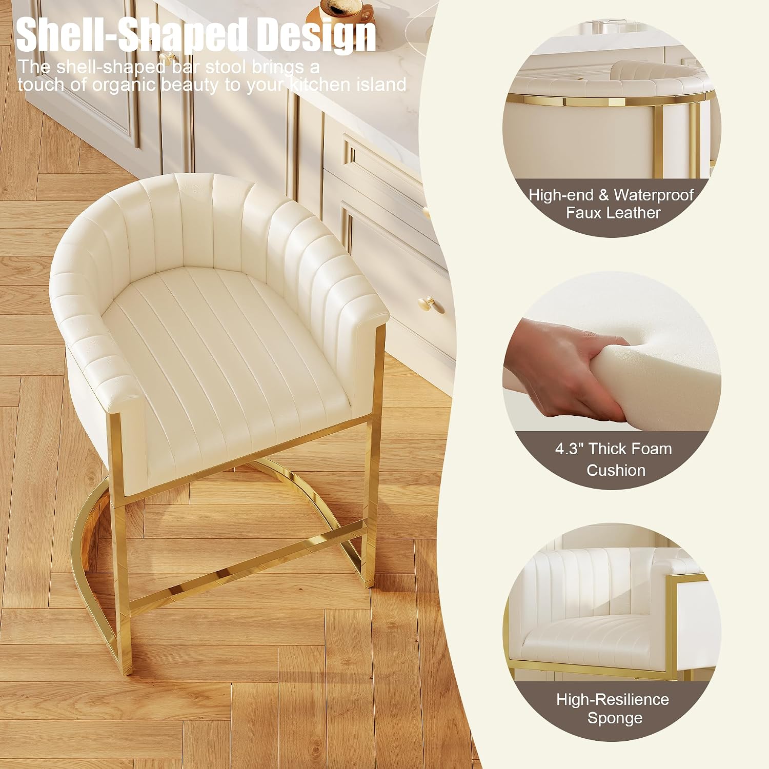 Ivory White 26" Arm Barrel Counter Stools Set of 3 Gold Frame