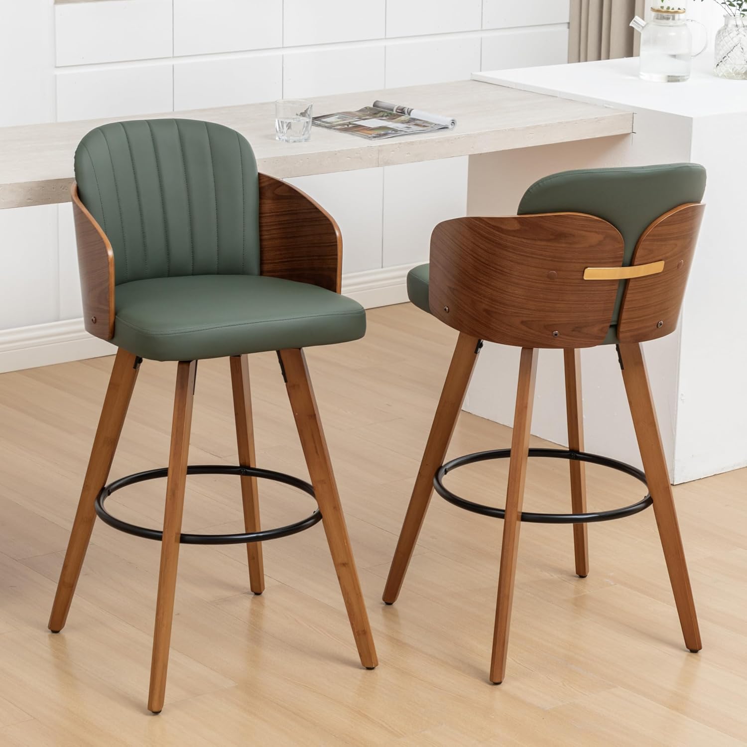 Green 26" Arm Walnut Counter Bar Stools Set of 2