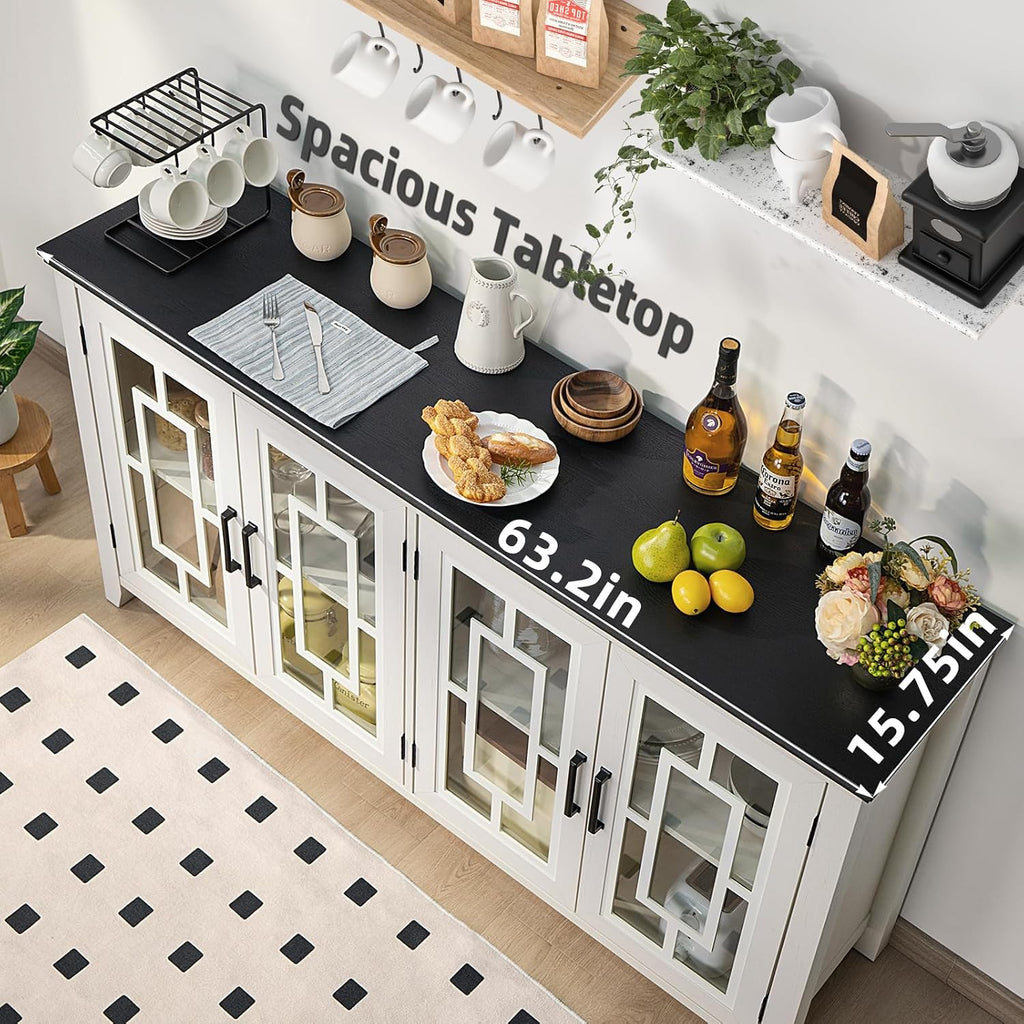 White 63in Glass Door Farmhouse Sideboard Cabinet