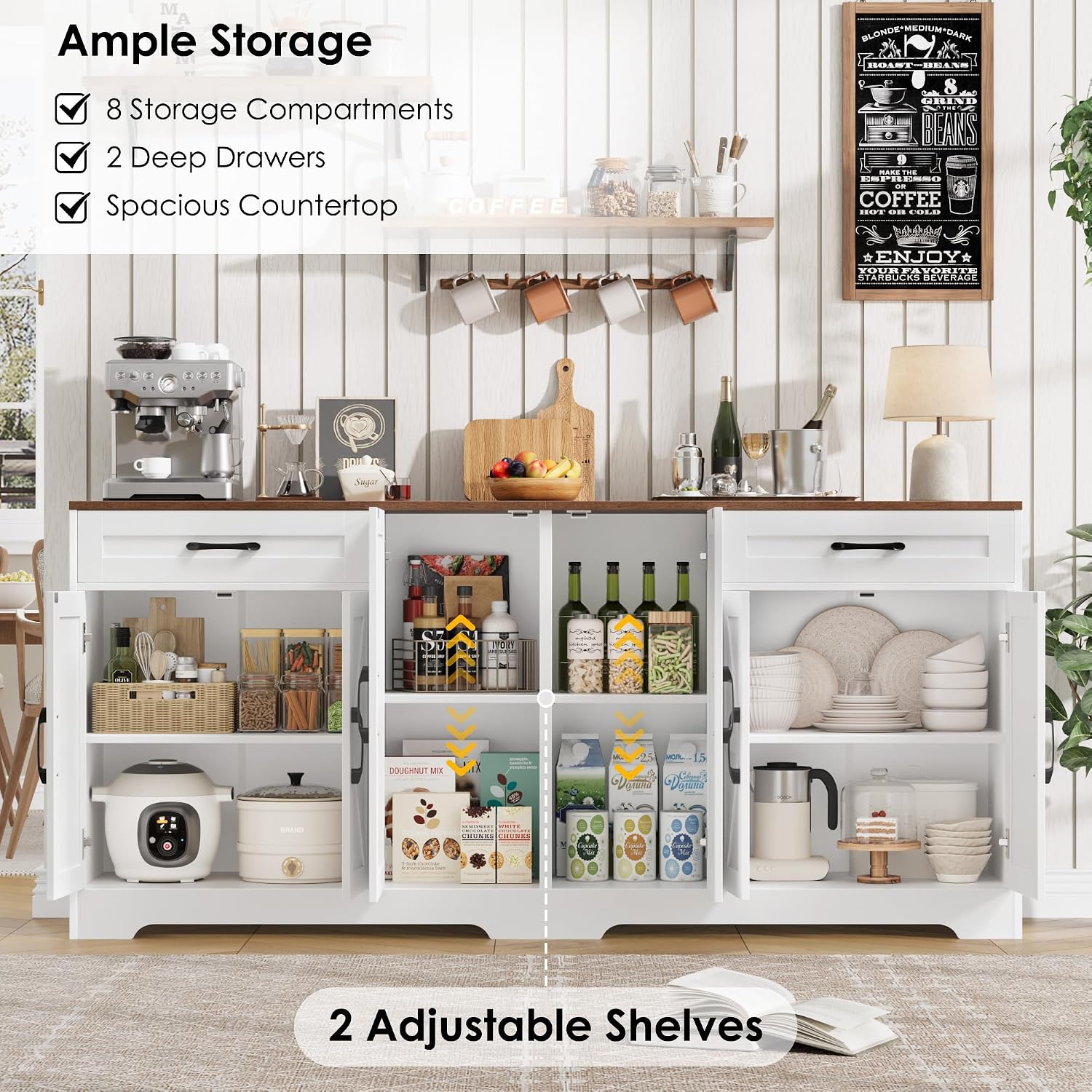 White 71in Barn Door Farmhouse Storage Sideboard