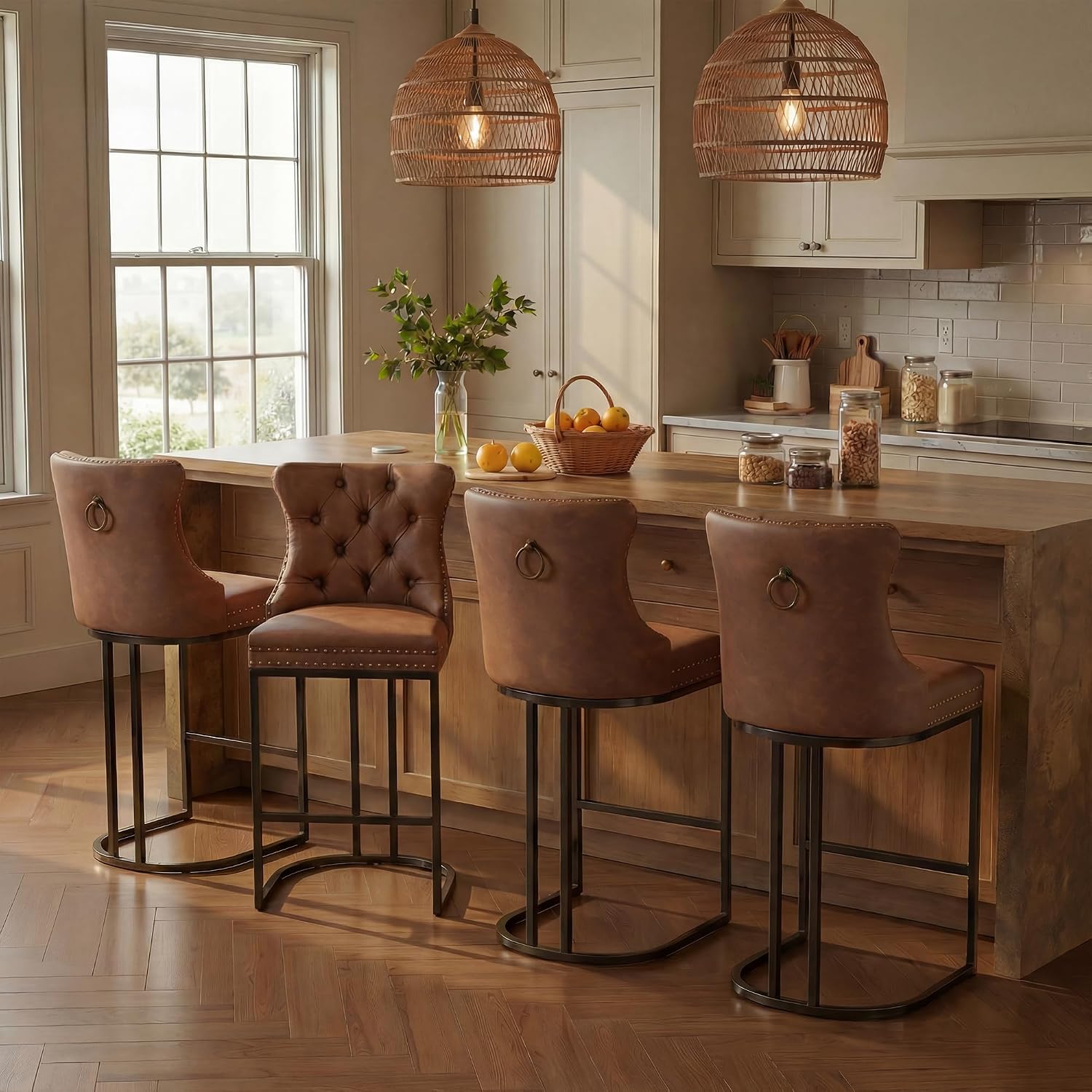 Brown 26" Faux Leather Counter Bar Stools Set of 4