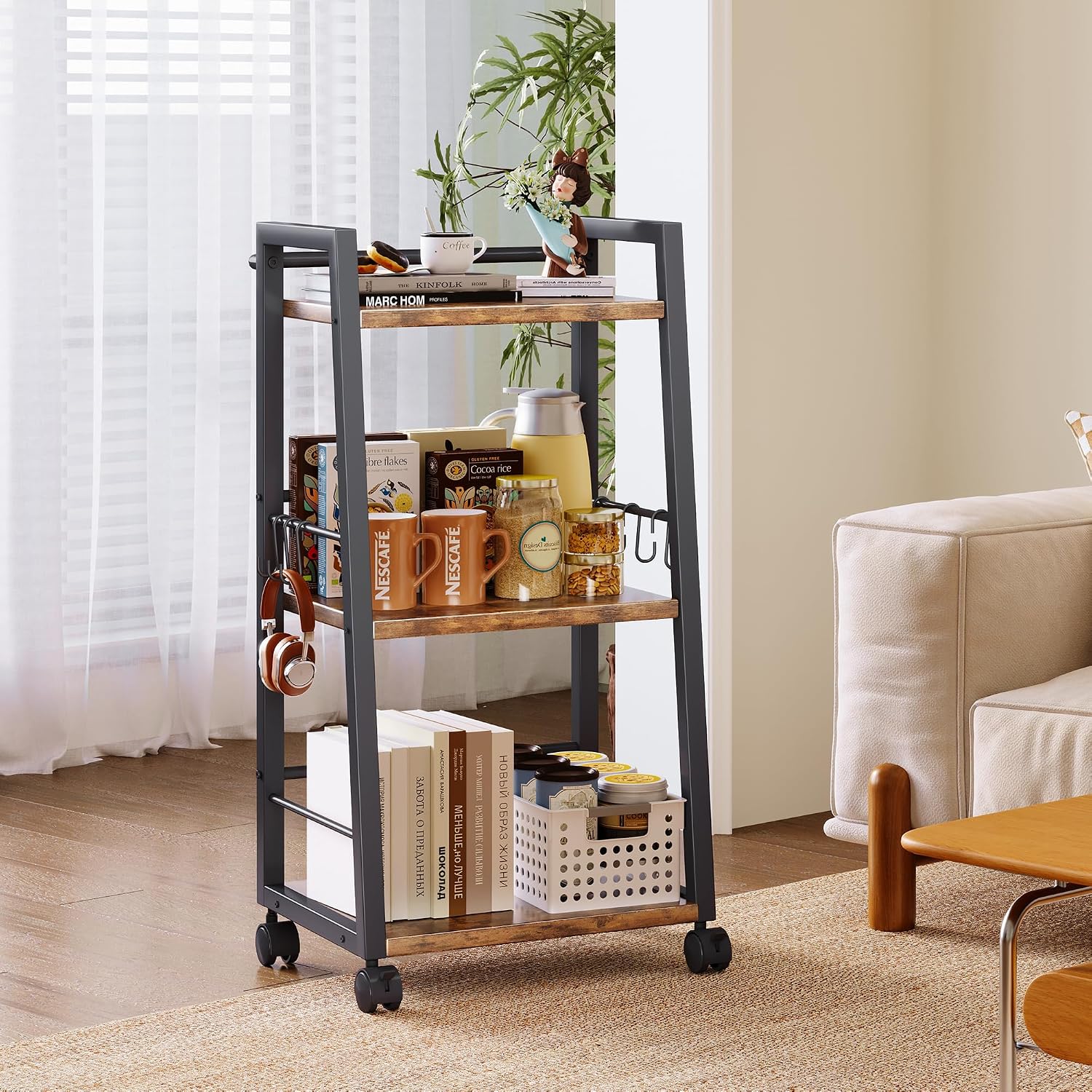 Rustic Brown 3-Tier Rolling Kitchen Bar Cart
